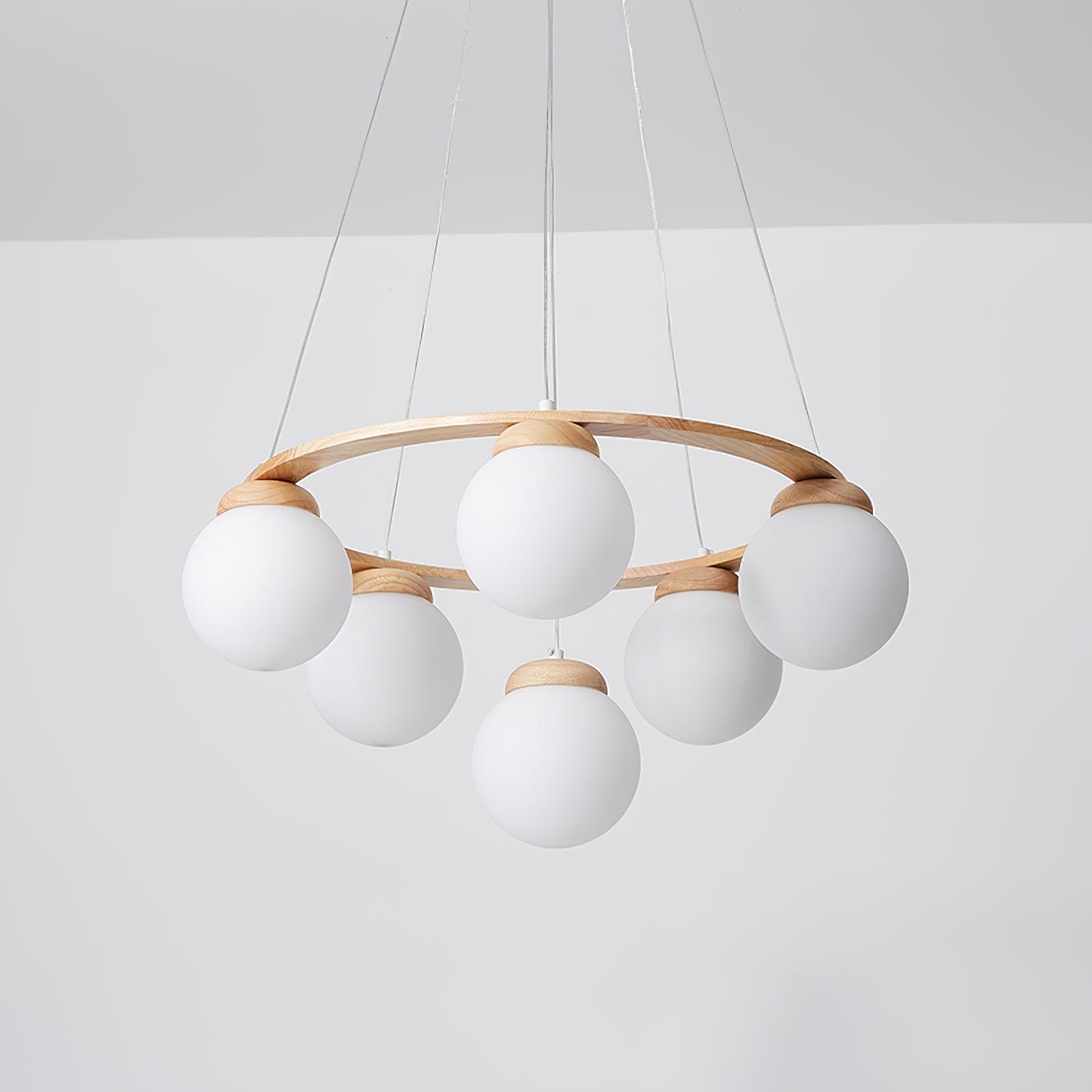 Aelion Chandelier Wood Ring Opal Glass Globes