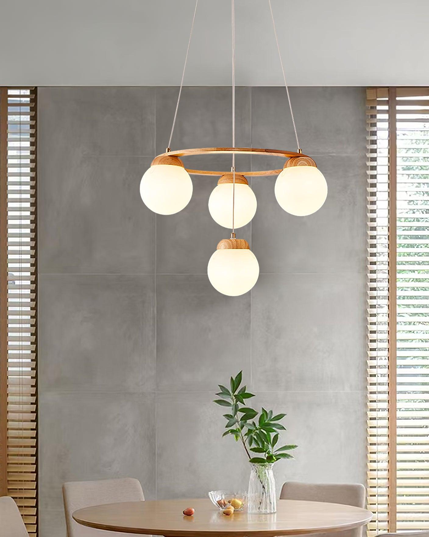 Aelion Chandelier Wood Ring Opal Glass Globes