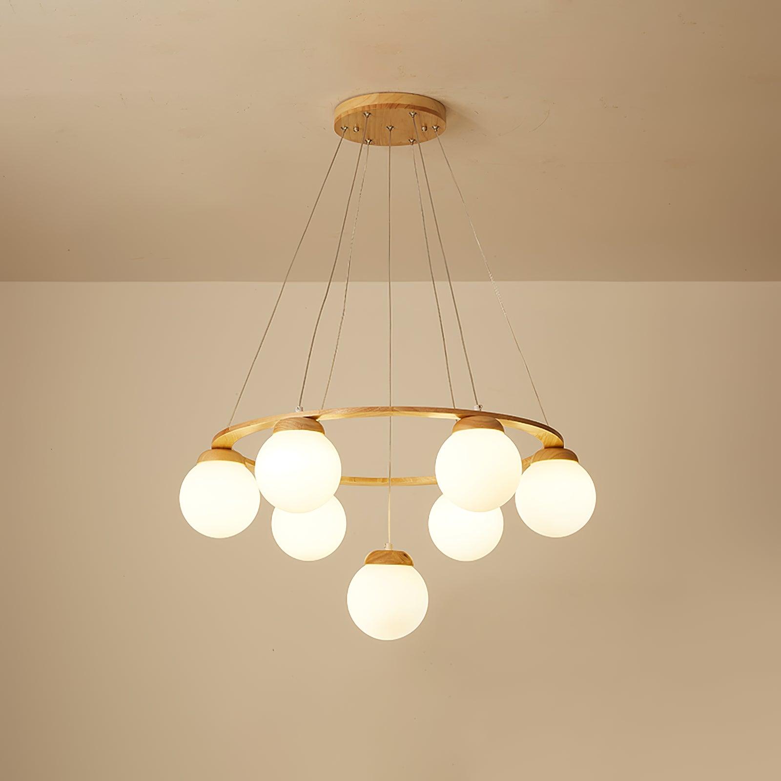 Aelion Chandelier Wood Ring Opal Glass Globes