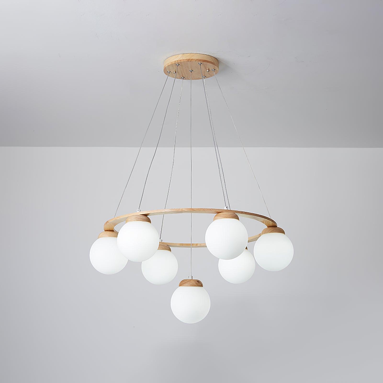Aelion Chandelier Wood Ring Opal Glass Globes