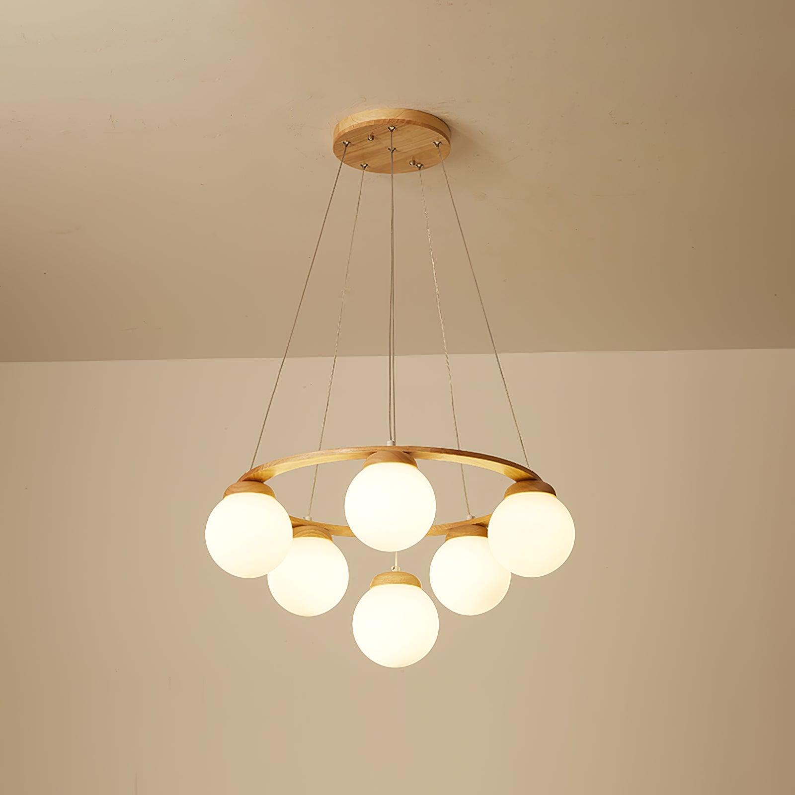 Aelion Chandelier Wood Ring Opal Glass Globes