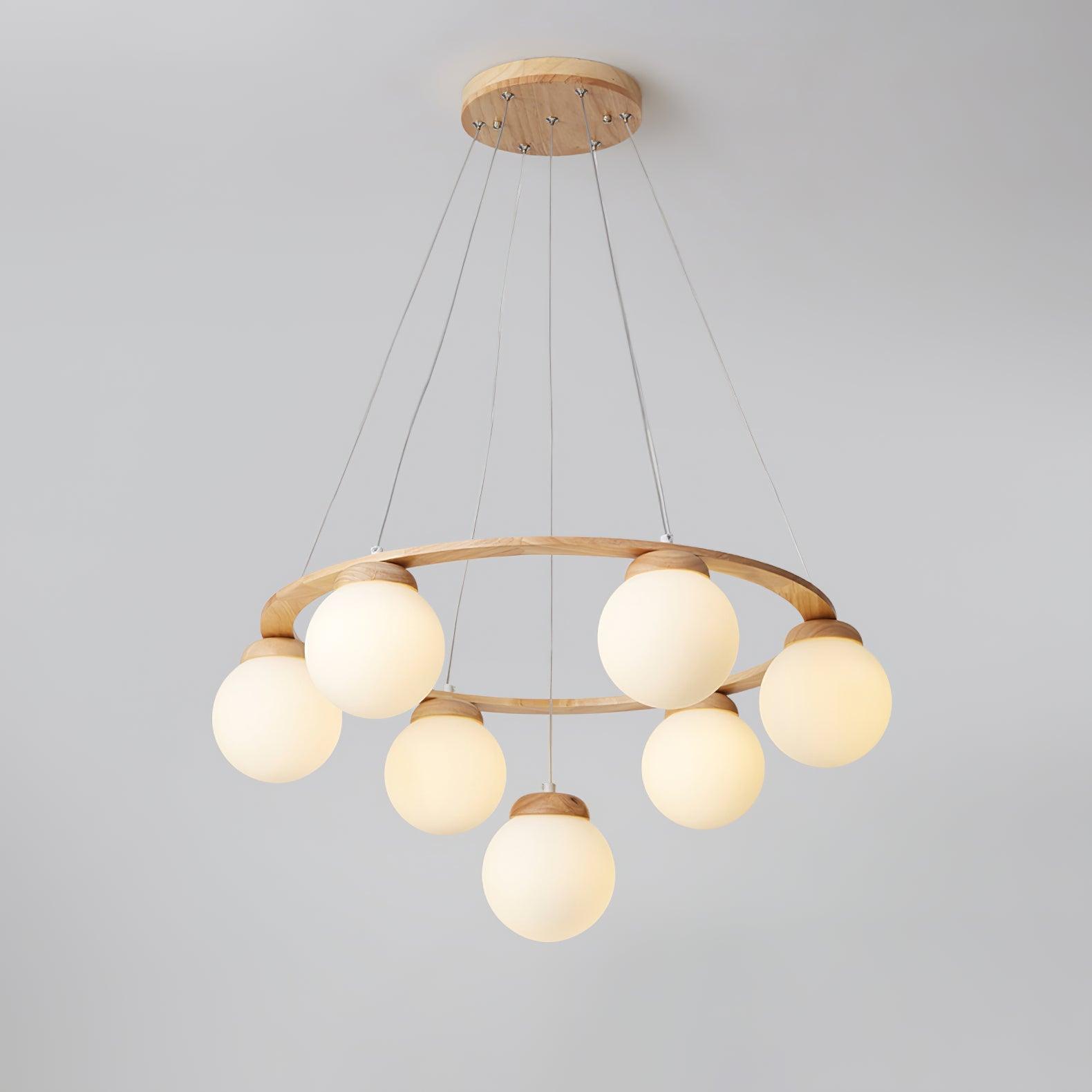 Aelion Chandelier Wood Ring Opal Glass Globes