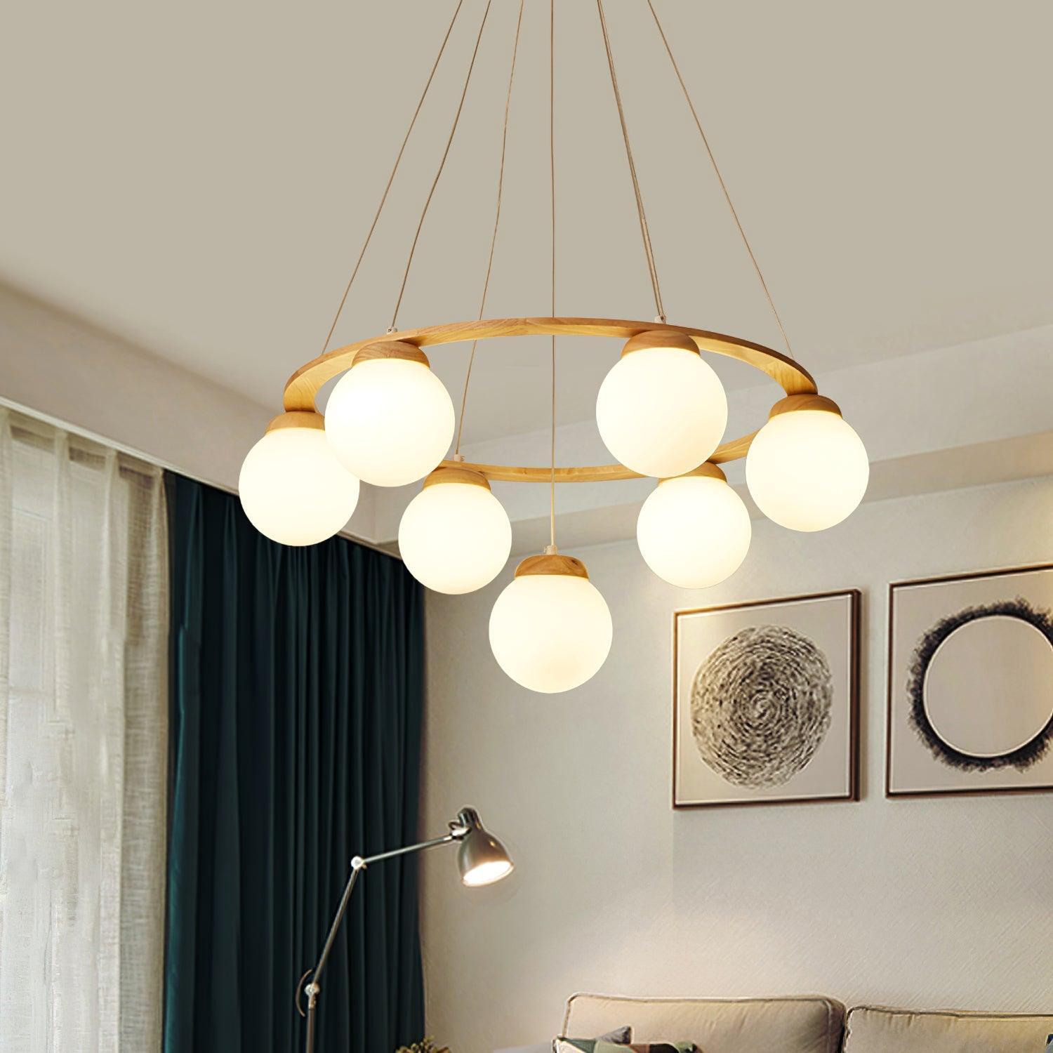 Aelion Chandelier Wood Ring Opal Glass Globes