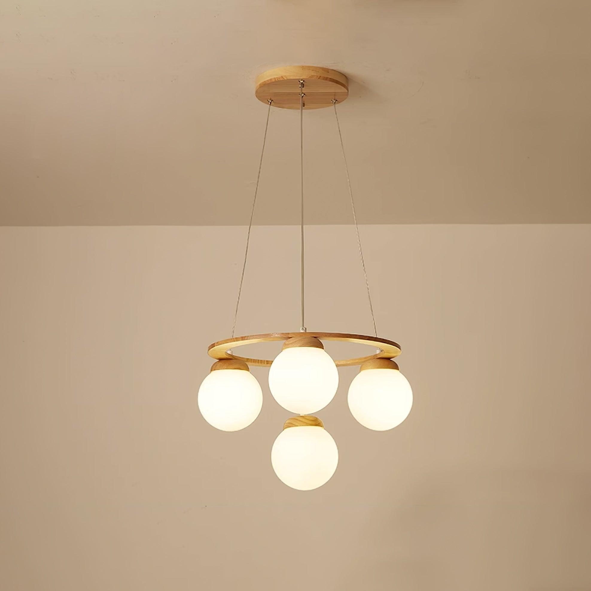 Aelion Chandelier Wood Ring Opal Glass Globes