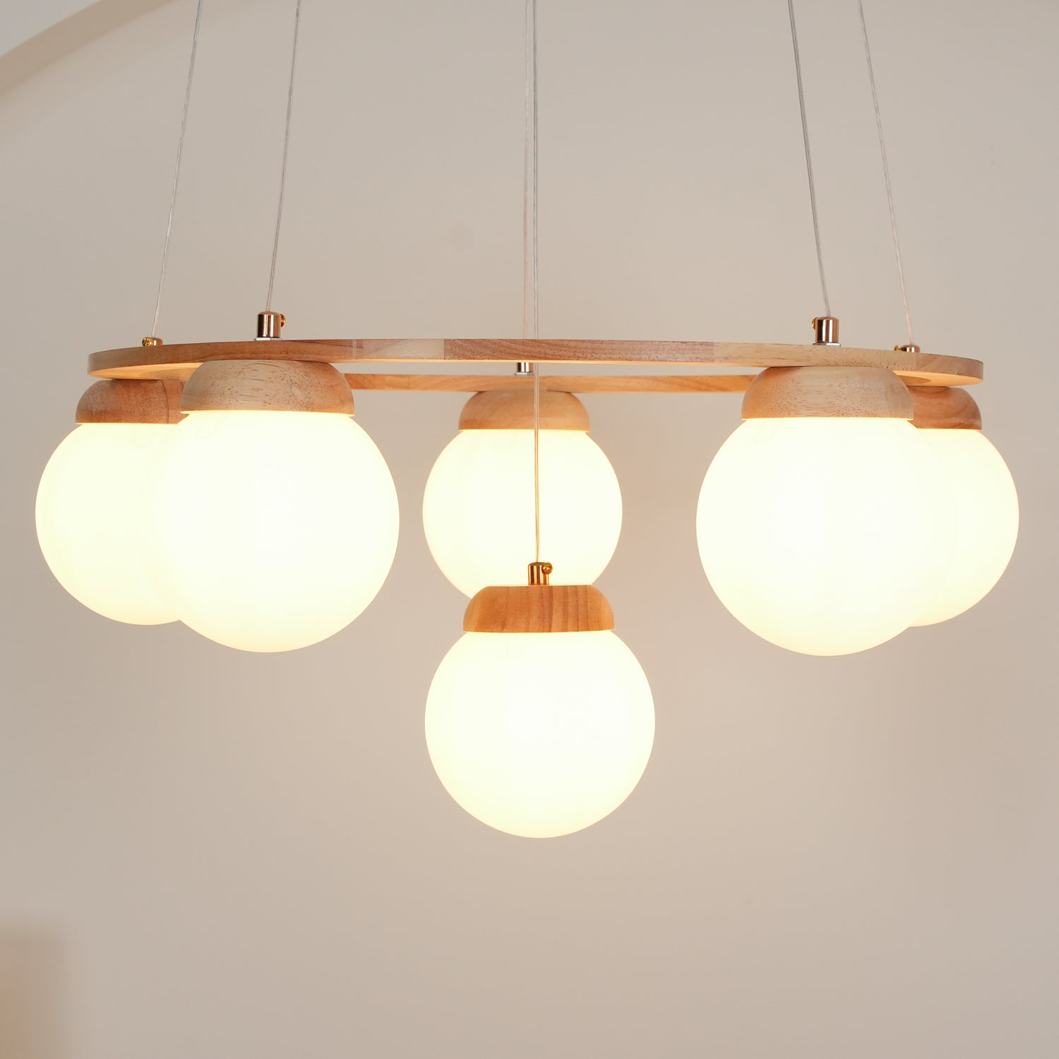 Aelion Chandelier Wood Ring Opal Glass Globes