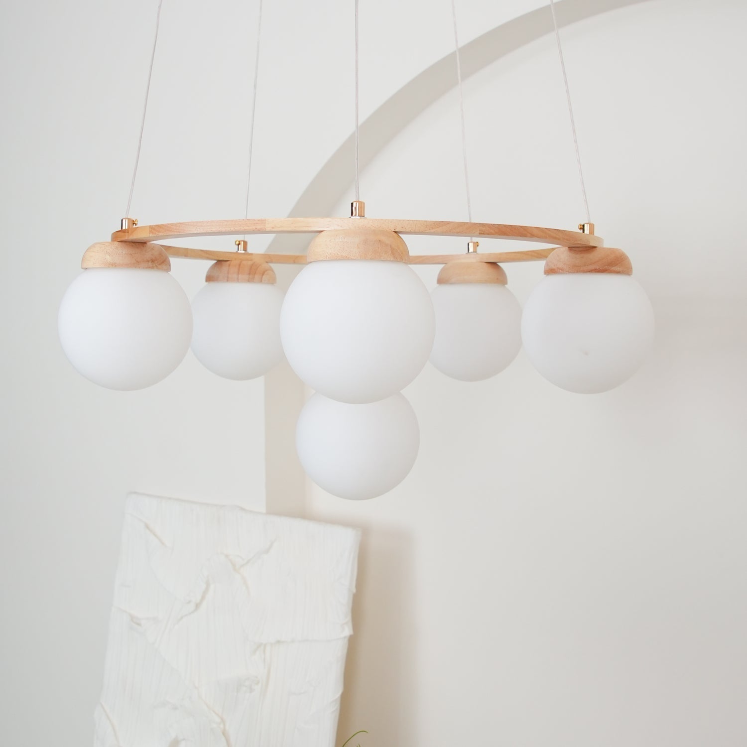Aelion Chandelier Wood Ring Opal Glass Globes