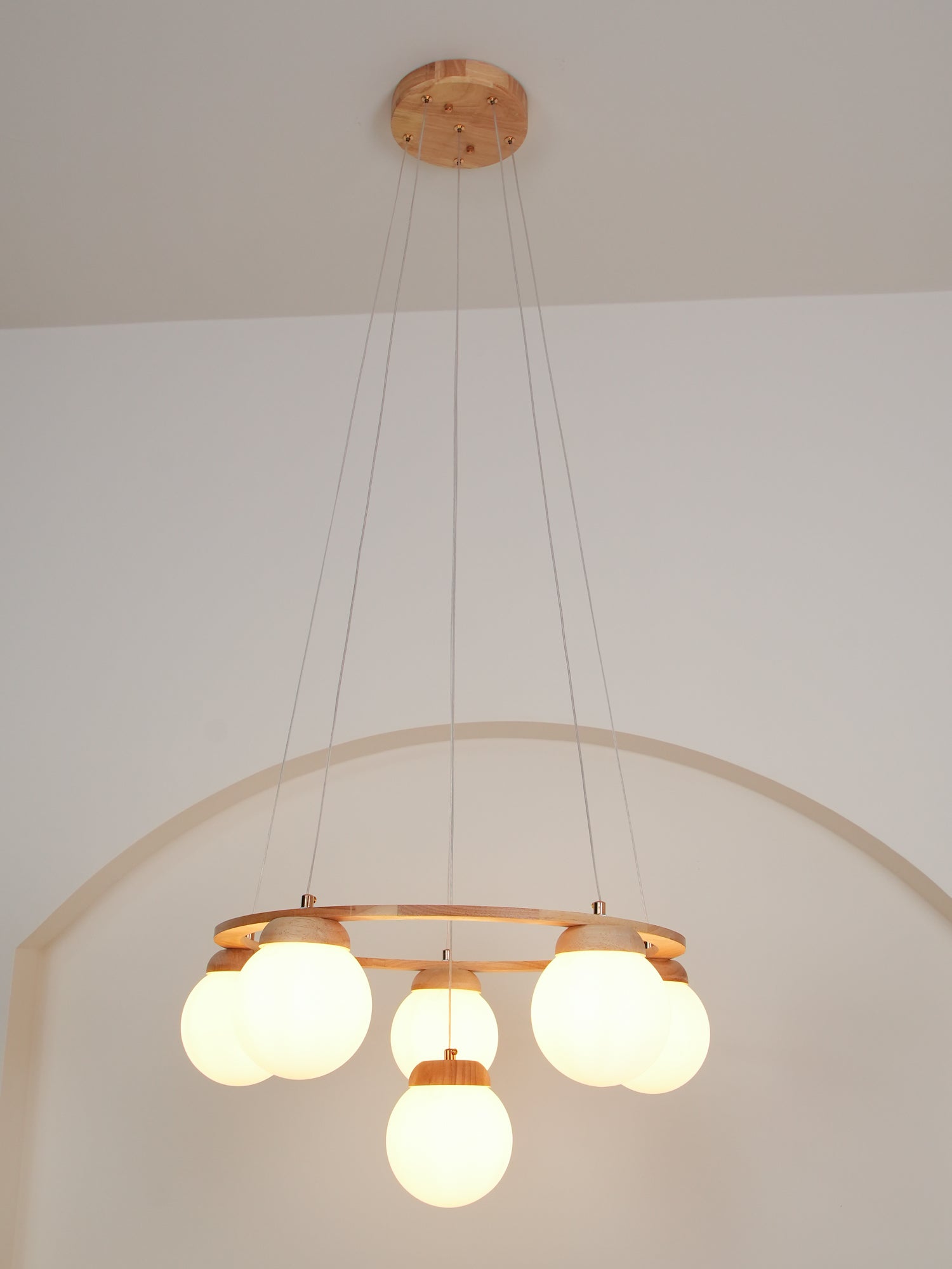 Aelion Chandelier Wood Ring Opal Glass Globes