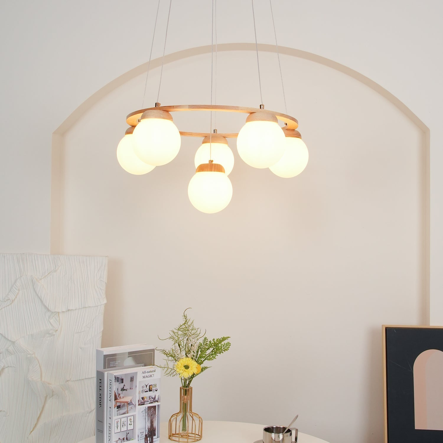 Aelion Chandelier Wood Ring Opal Glass Globes
