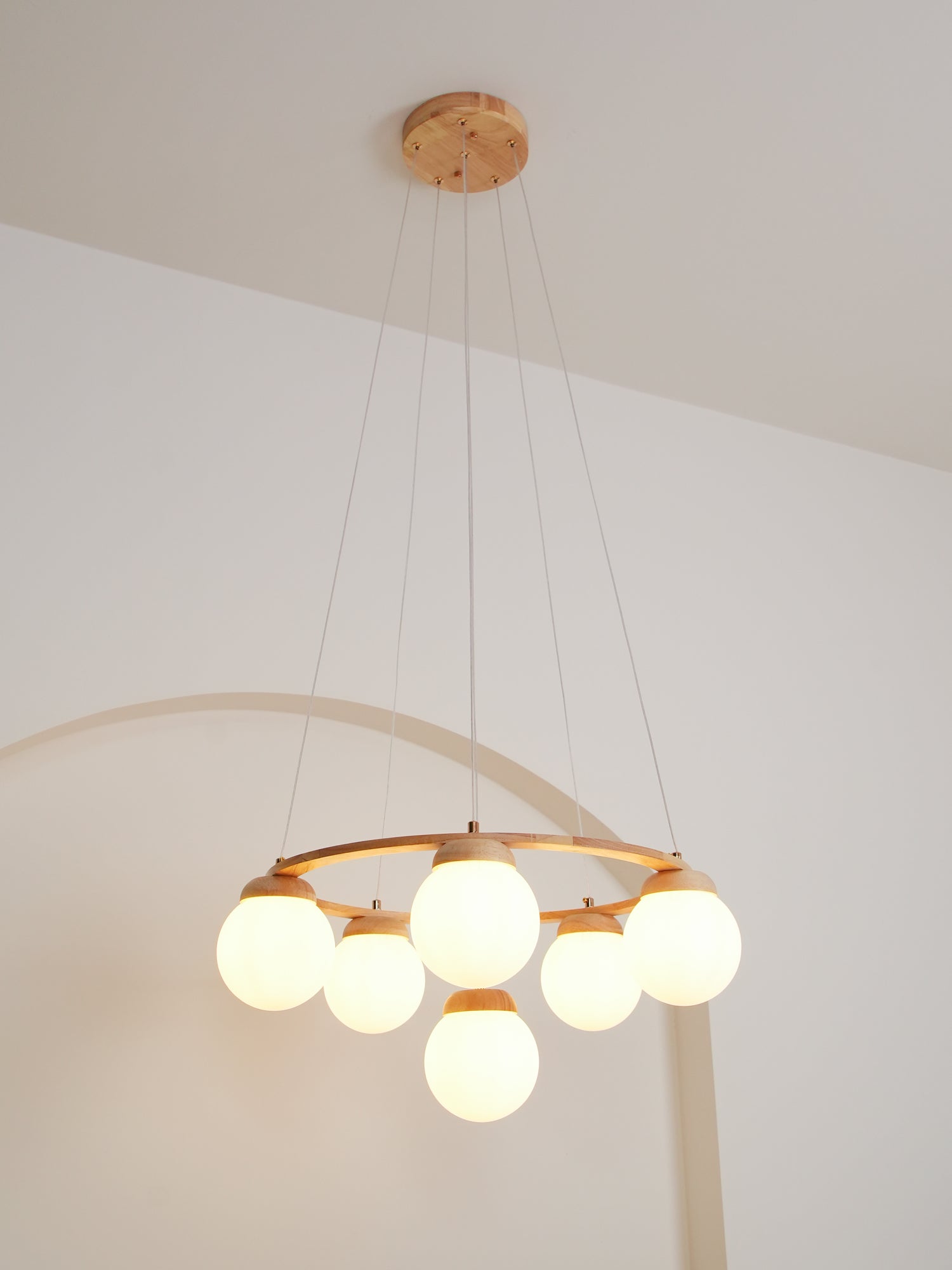 Aelion Chandelier Wood Ring Opal Glass Globes