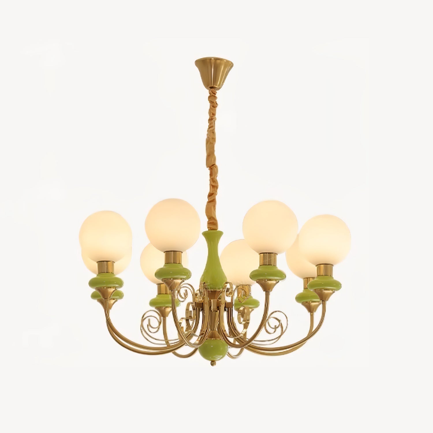 Aurorian Chandelier Green Shades Gold Curved Arms