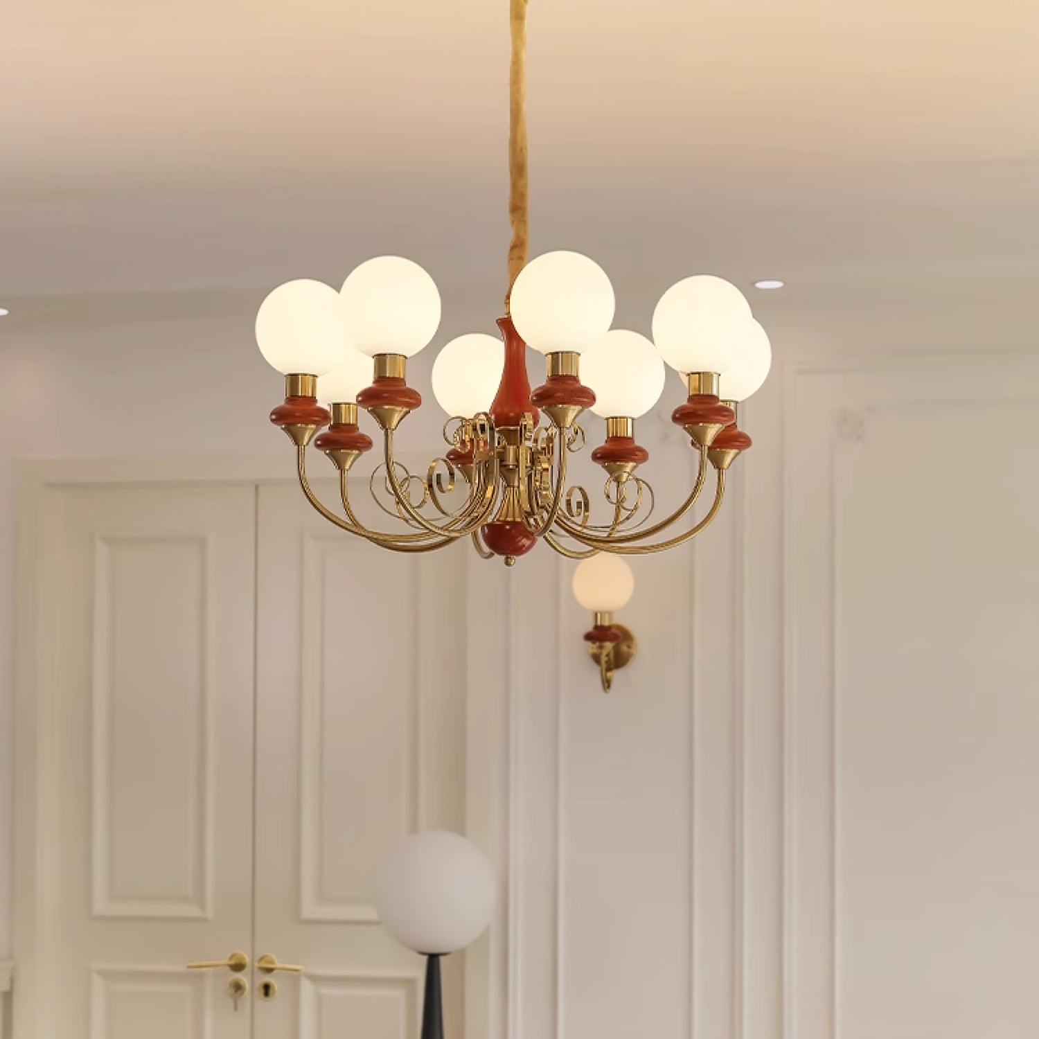 Aurorian Chandelier Green Shades Gold Curved Arms