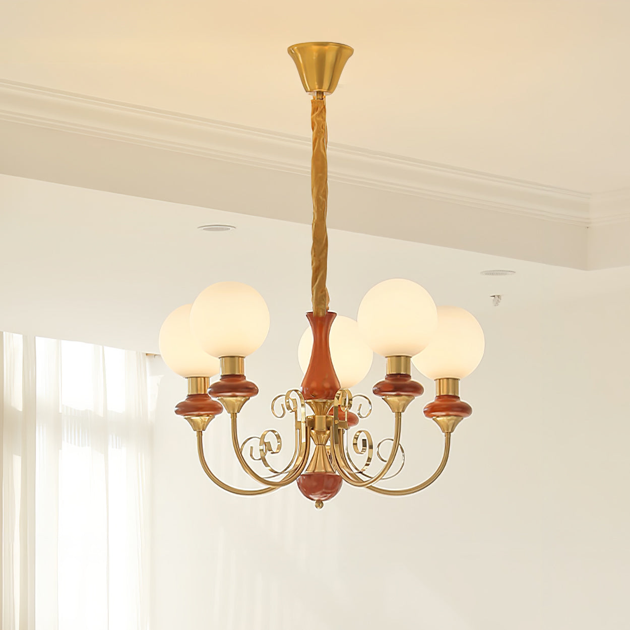 Aurorian Chandelier Green Shades Gold Curved Arms