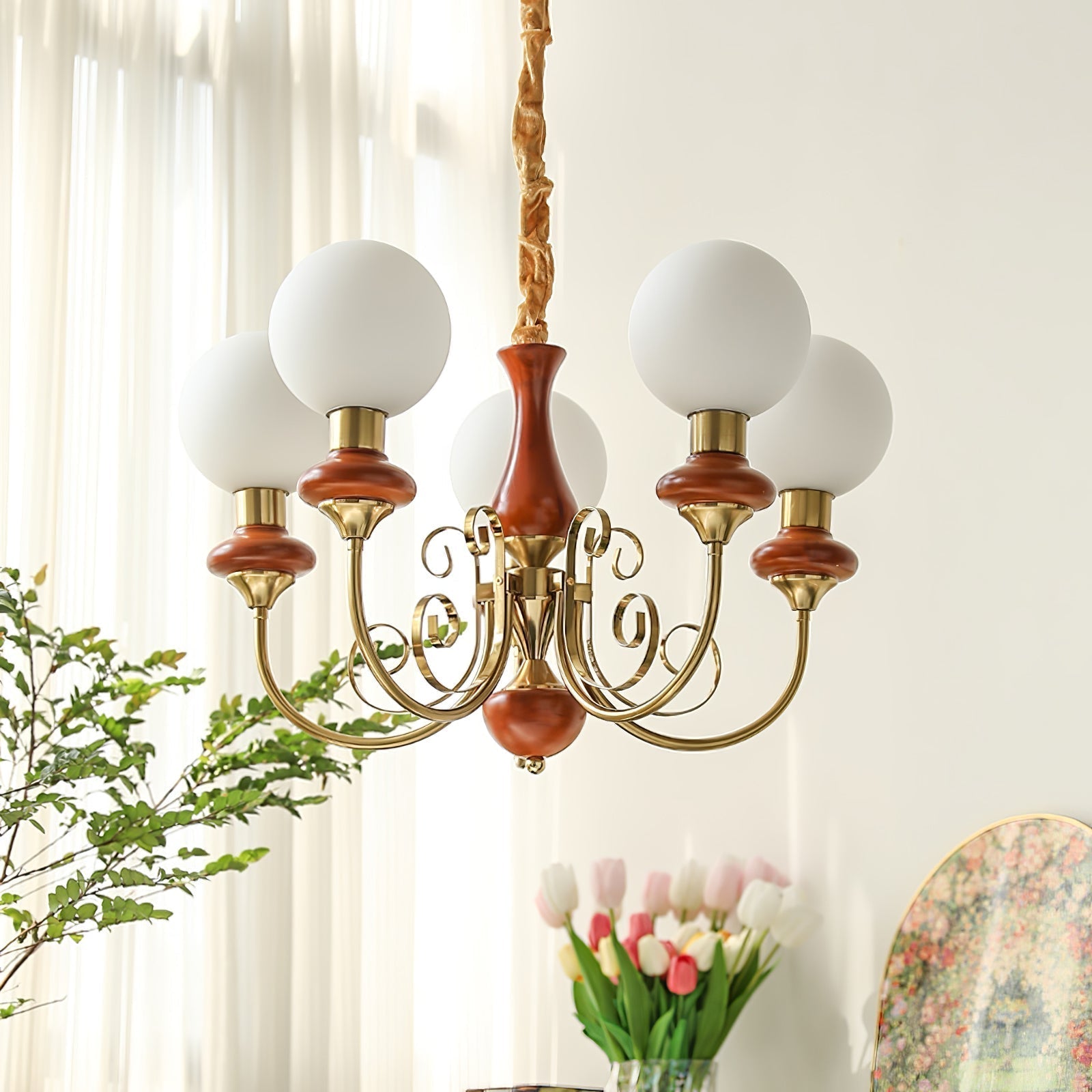 Aurorian Chandelier Green Shades Gold Curved Arms