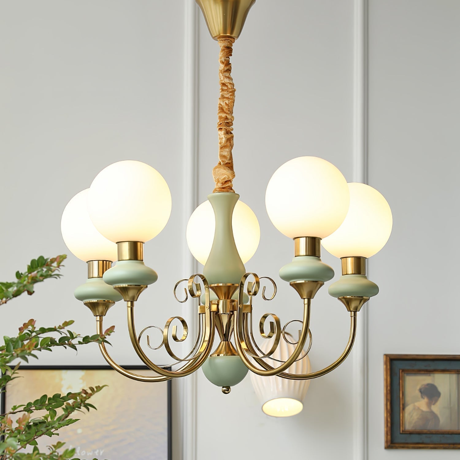 Aurorian Chandelier Green Shades Gold Curved Arms