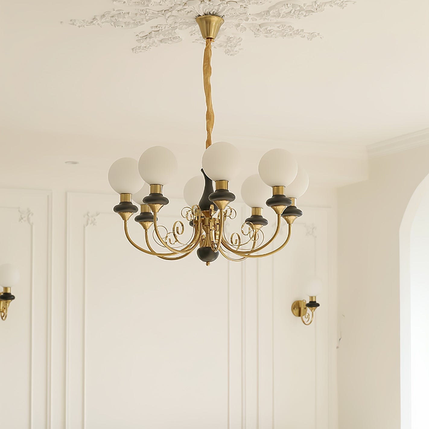 Aurorian Chandelier Green Shades Gold Curved Arms