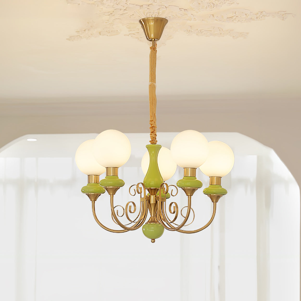Aurorian Chandelier Green Shades Gold Curved Arms