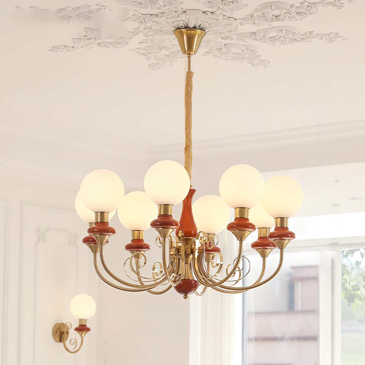 Aurorian Chandelier Green Shades Gold Curved Arms