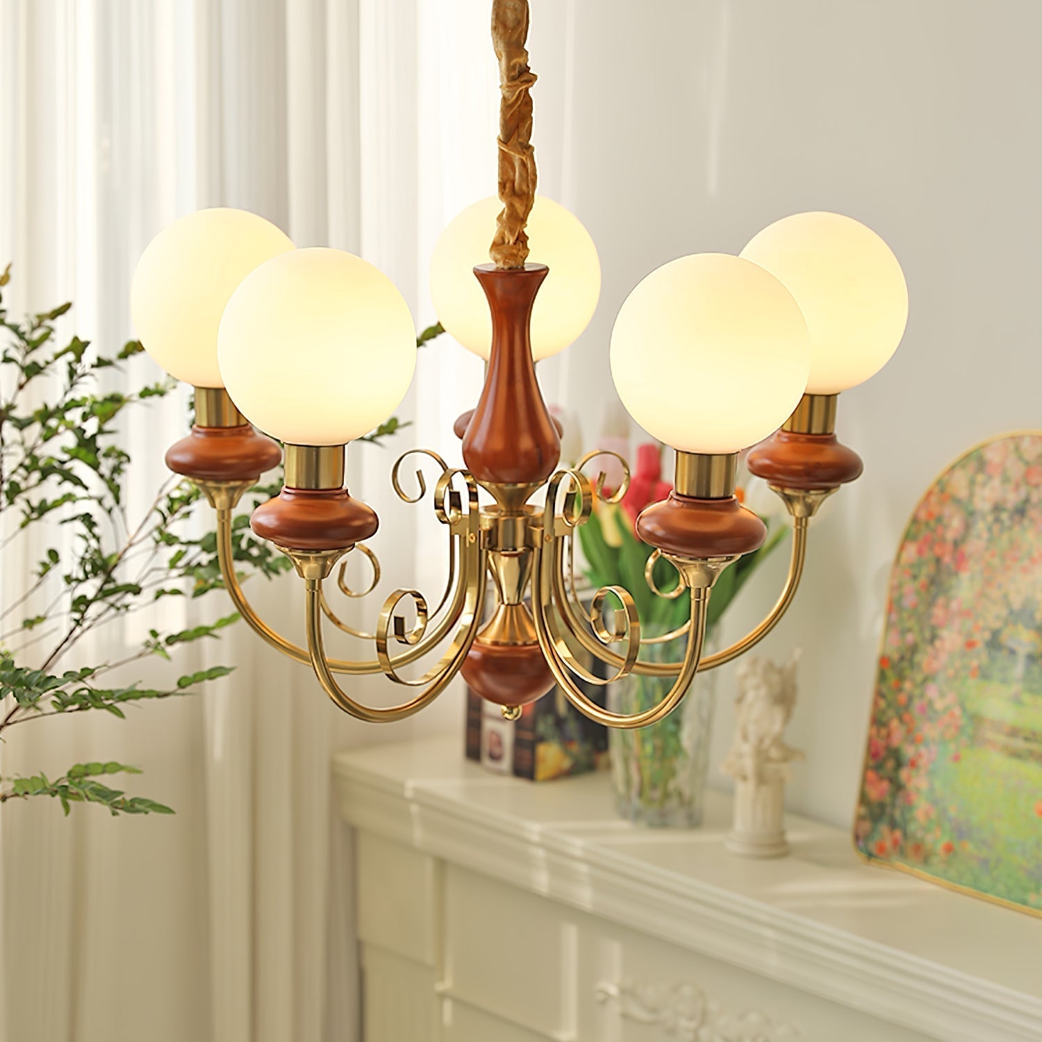 Aurorian Chandelier Green Shades Gold Curved Arms