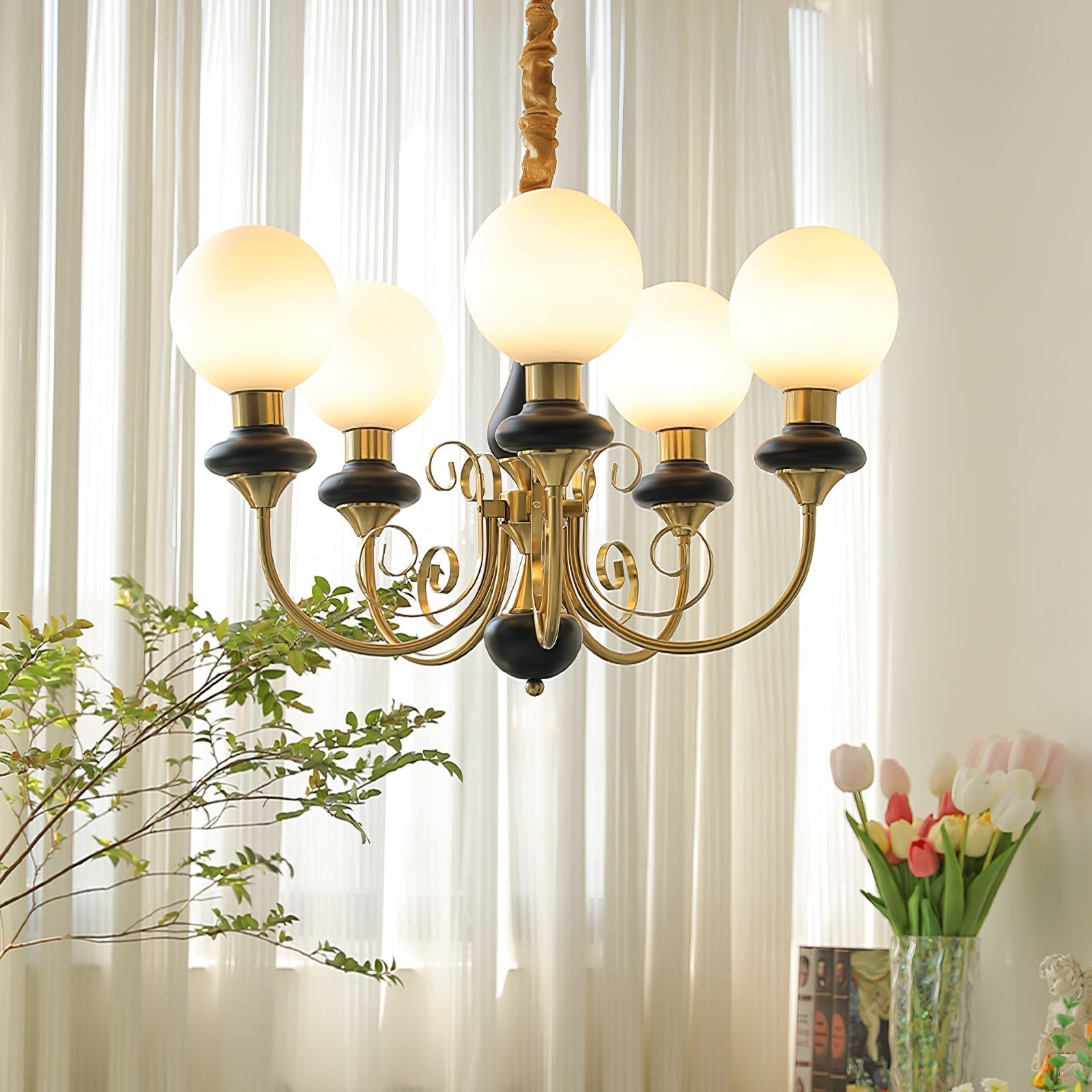 Aurorian Chandelier Green Shades Gold Curved Arms