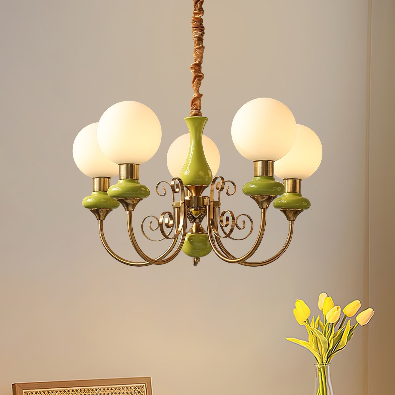 Aurorian Chandelier Green Shades Gold Curved Arms