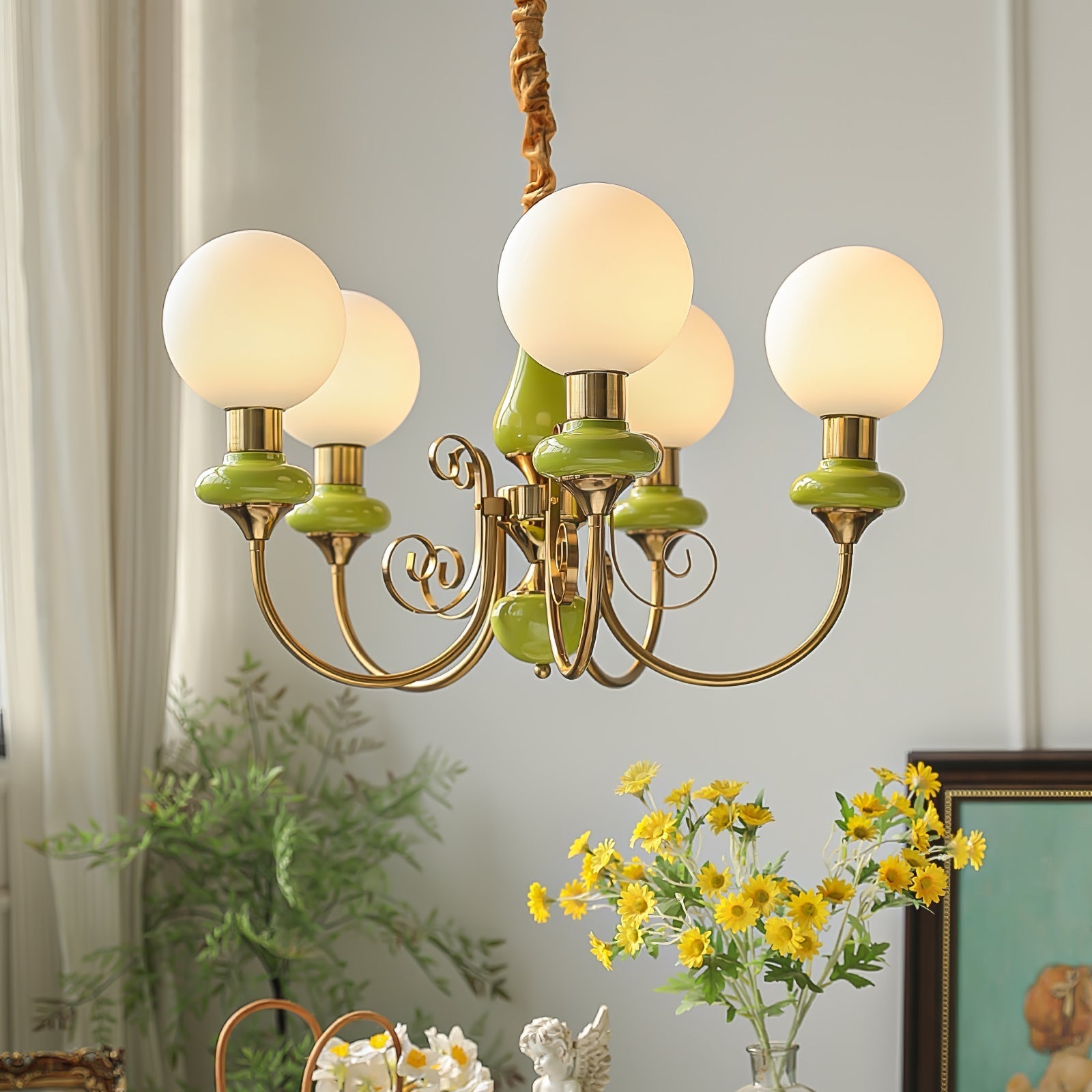 Aurorian Chandelier Green Shades Gold Curved Arms