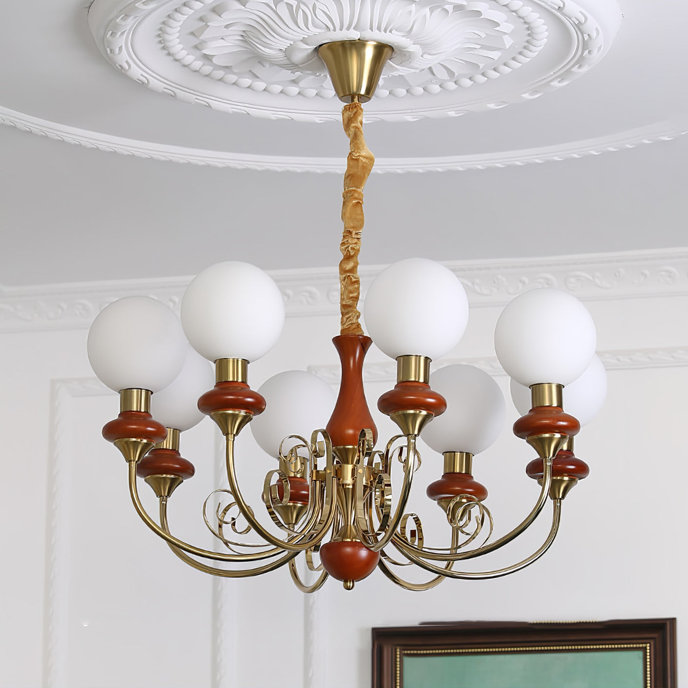 Aurorian Chandelier Green Shades Gold Curved Arms