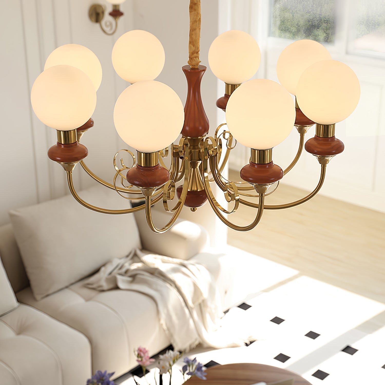 Aurorian Chandelier Green Shades Gold Curved Arms