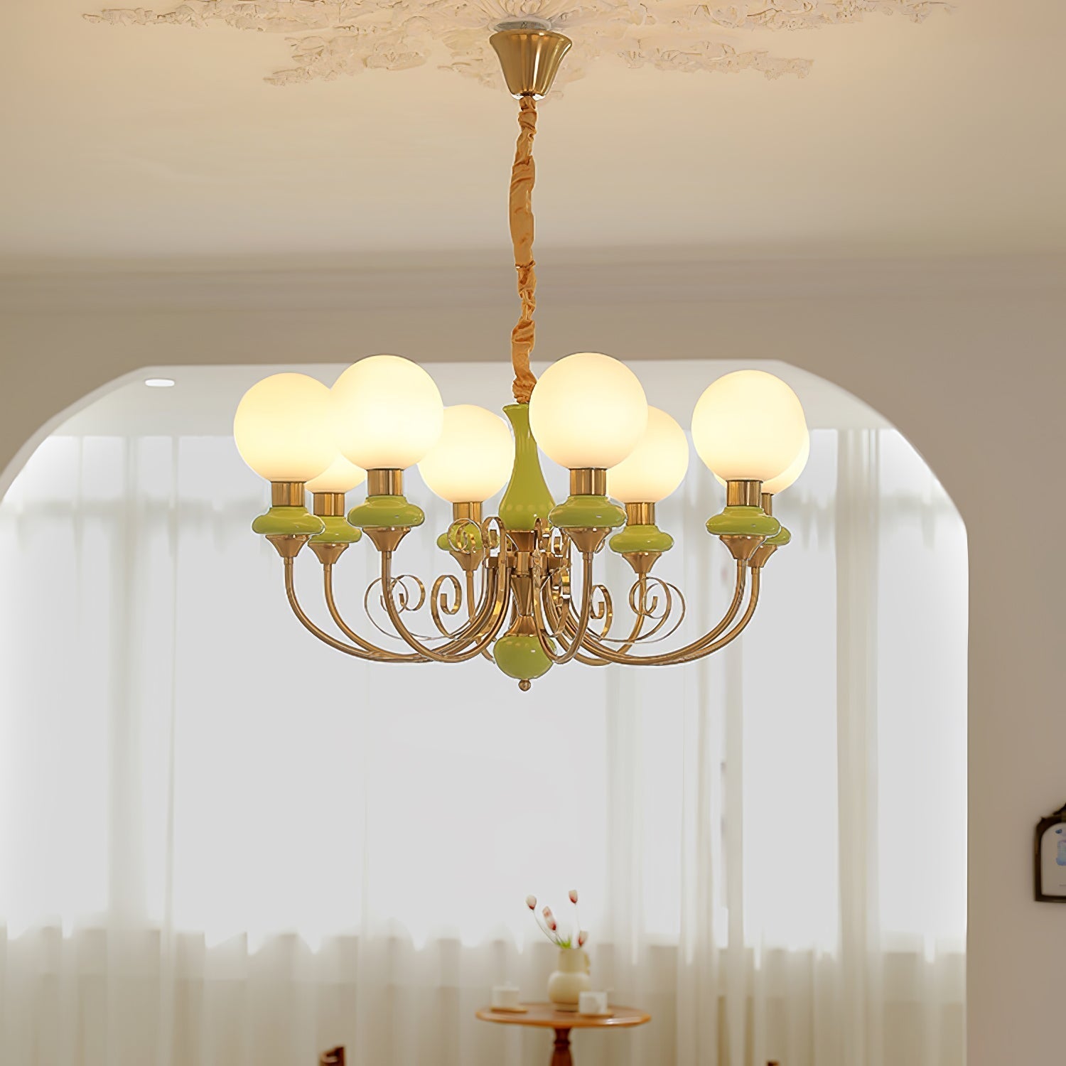 Aurorian Chandelier Green Shades Gold Curved Arms