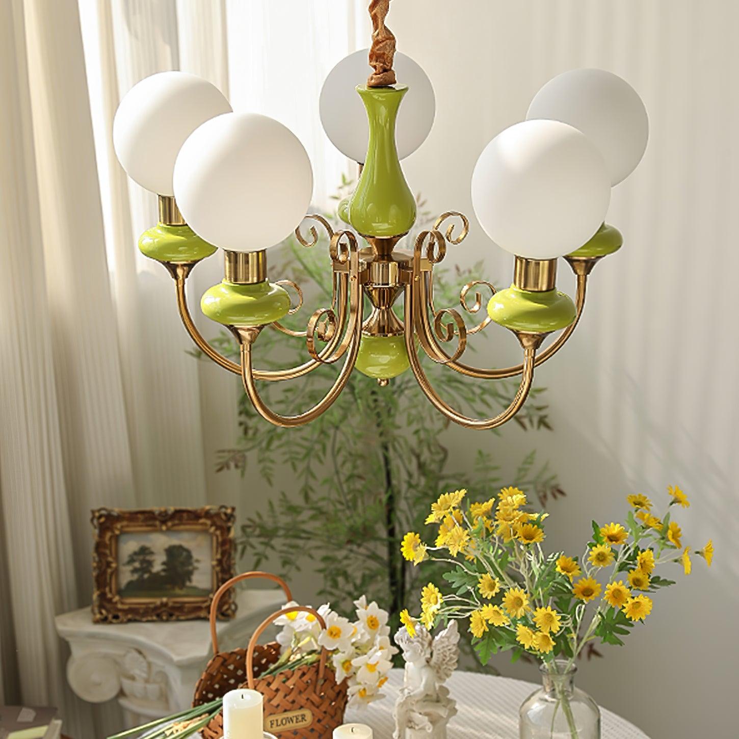 Aurorian Chandelier Green Shades Gold Curved Arms