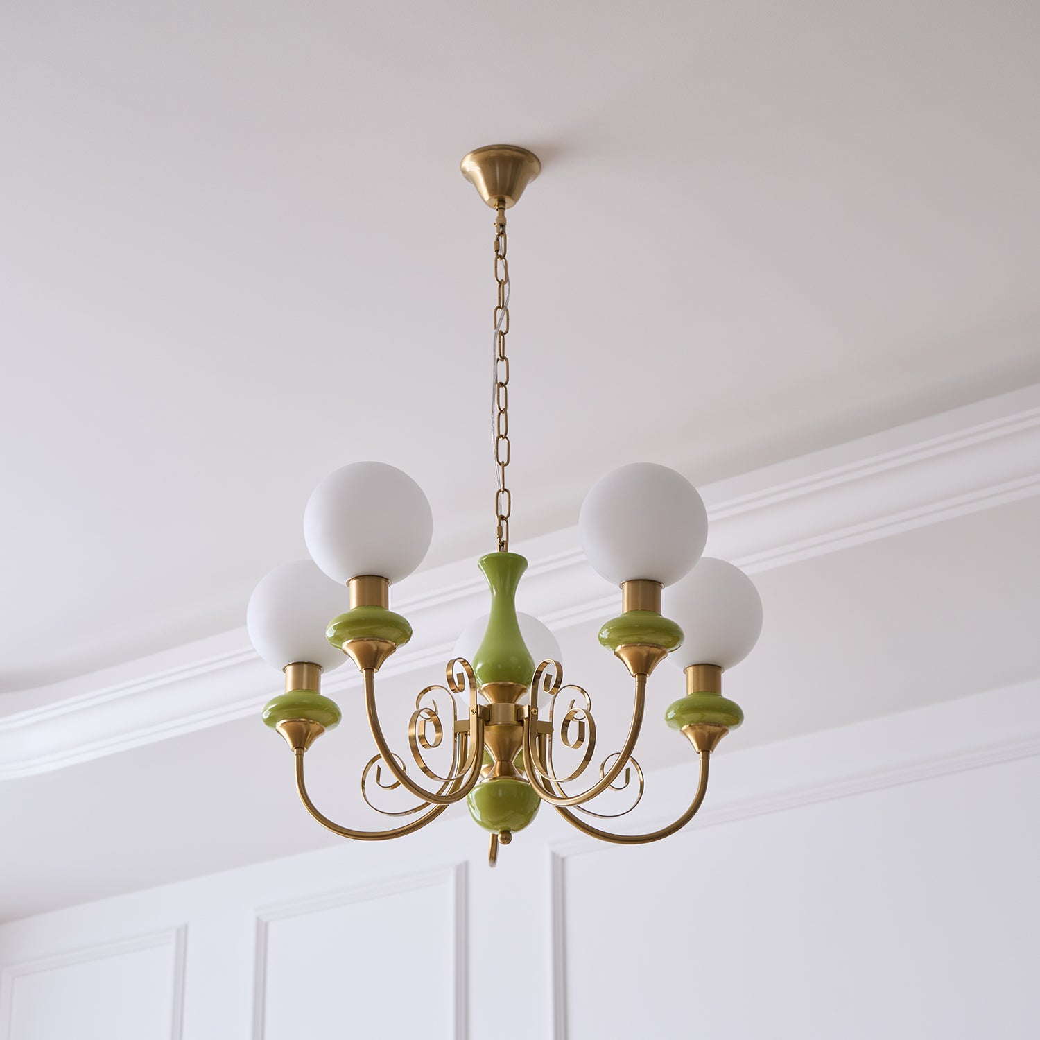 Aurorian Chandelier Green Shades Gold Curved Arms