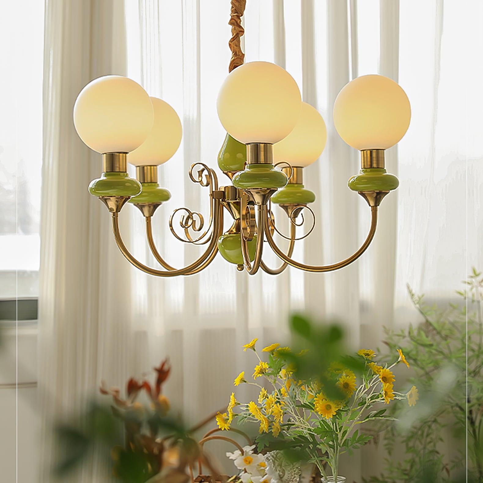 Aurorian Chandelier Green Shades Gold Curved Arms
