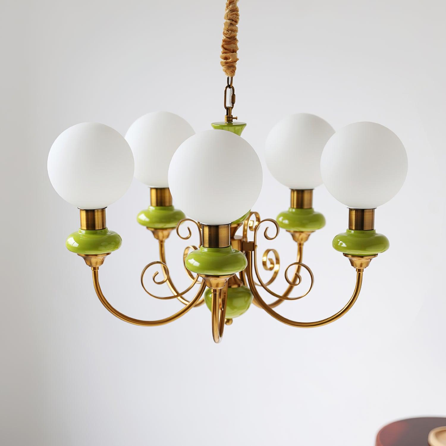 Aurorian Chandelier Green Shades Gold Curved Arms