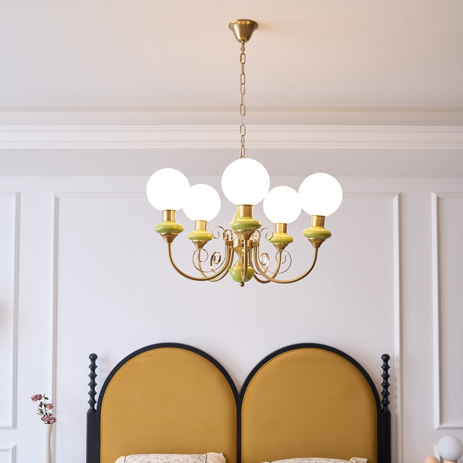 Aurorian Chandelier Green Shades Gold Curved Arms