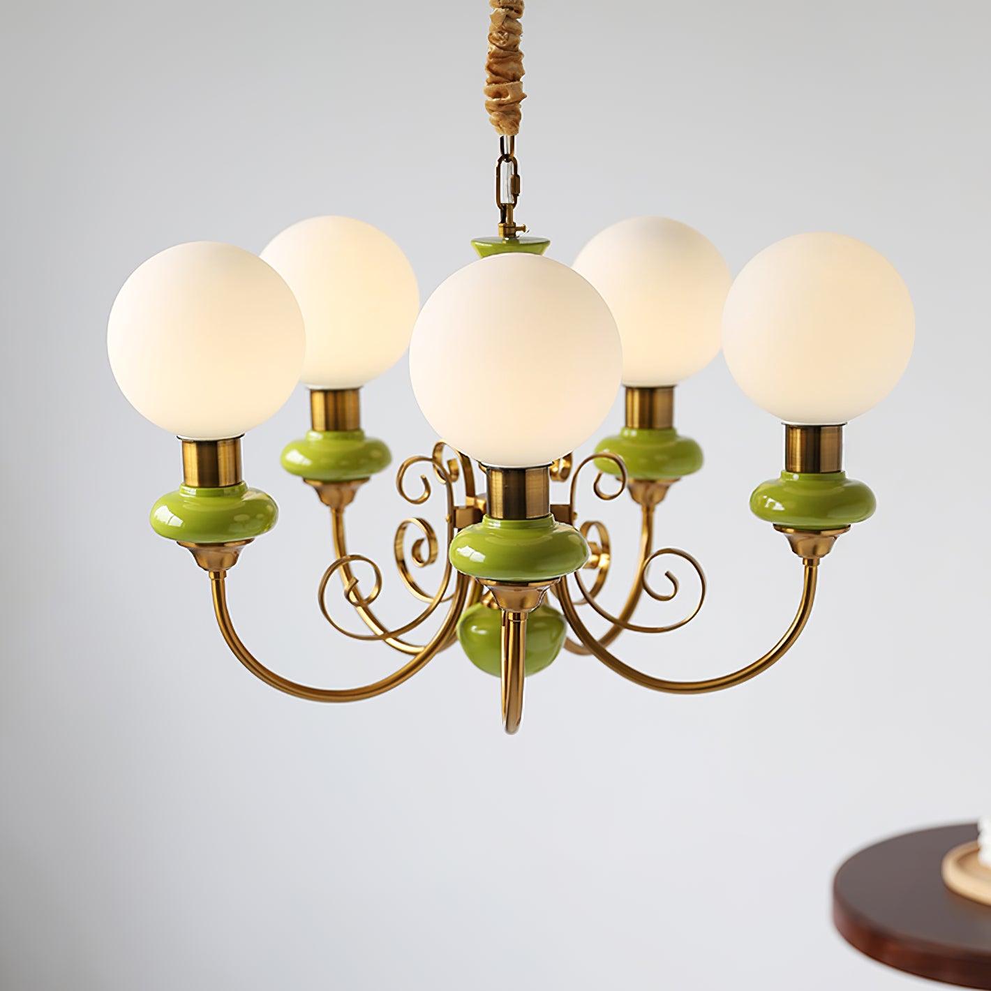Aurorian Chandelier Green Shades Gold Curved Arms