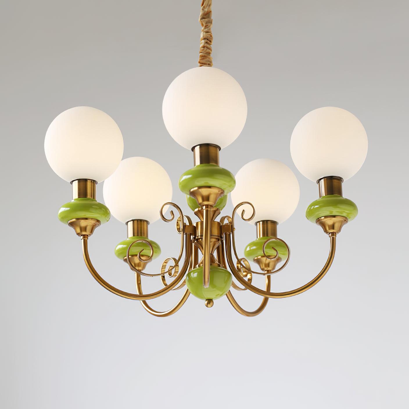 Aurorian Chandelier Green Shades Gold Curved Arms