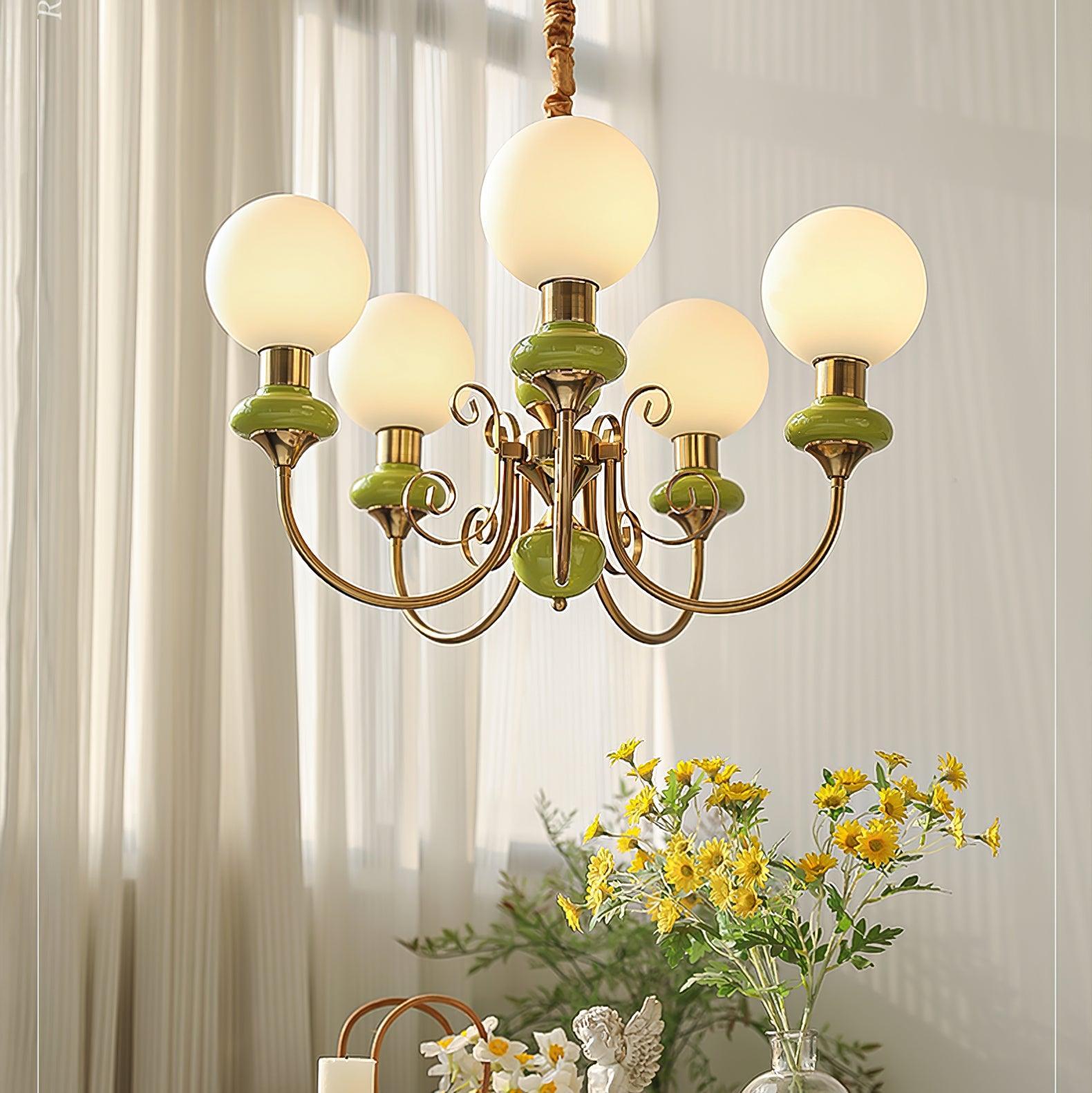 Aurorian Chandelier Green Shades Gold Curved Arms