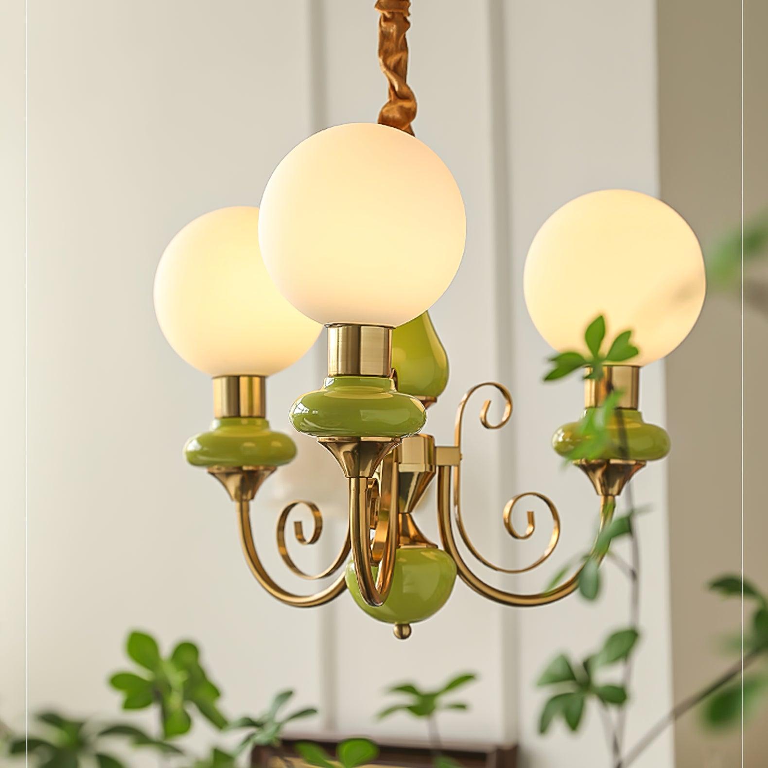Aurorian Chandelier Green Shades Gold Curved Arms
