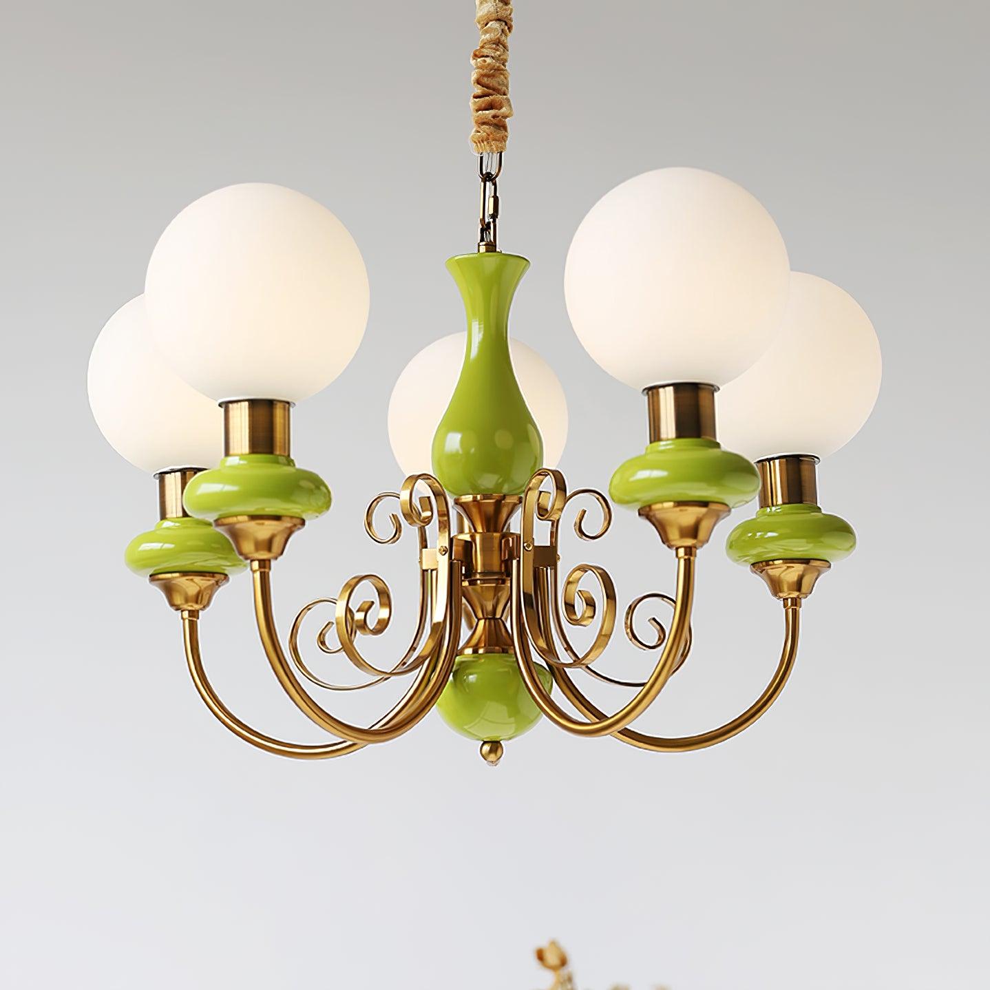 Aurorian Chandelier Green Shades Gold Curved Arms