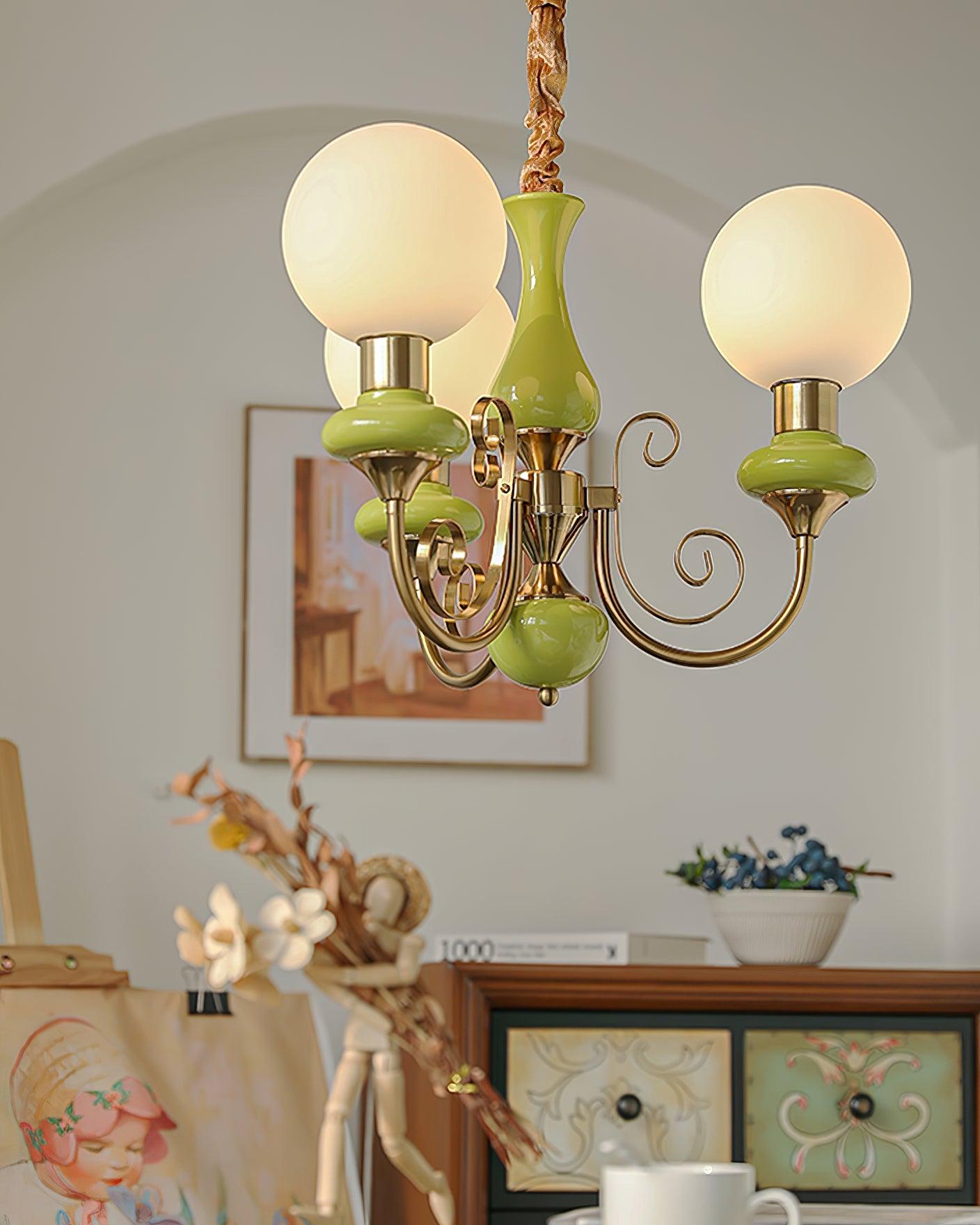 Aurorian Chandelier Green Shades Gold Curved Arms