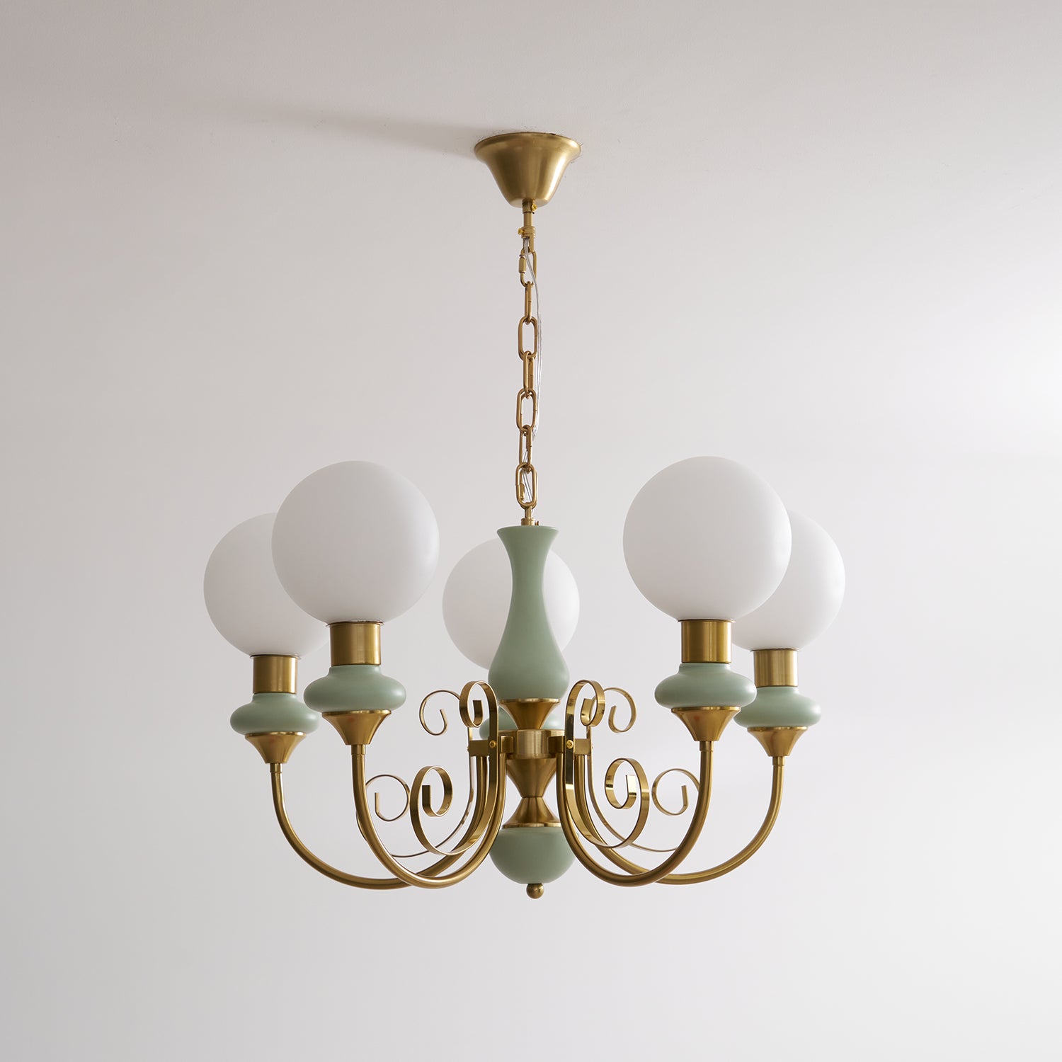 Aurorian Chandelier Green Shades Gold Curved Arms
