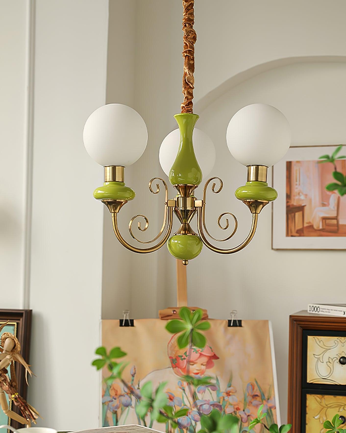 Aurorian Chandelier Green Shades Gold Curved Arms