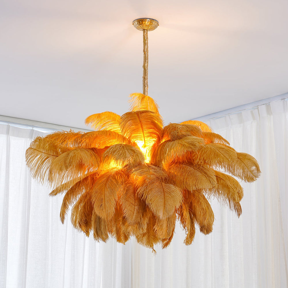 Auralira Chandelier Ostrich Feather Large Brass Stem