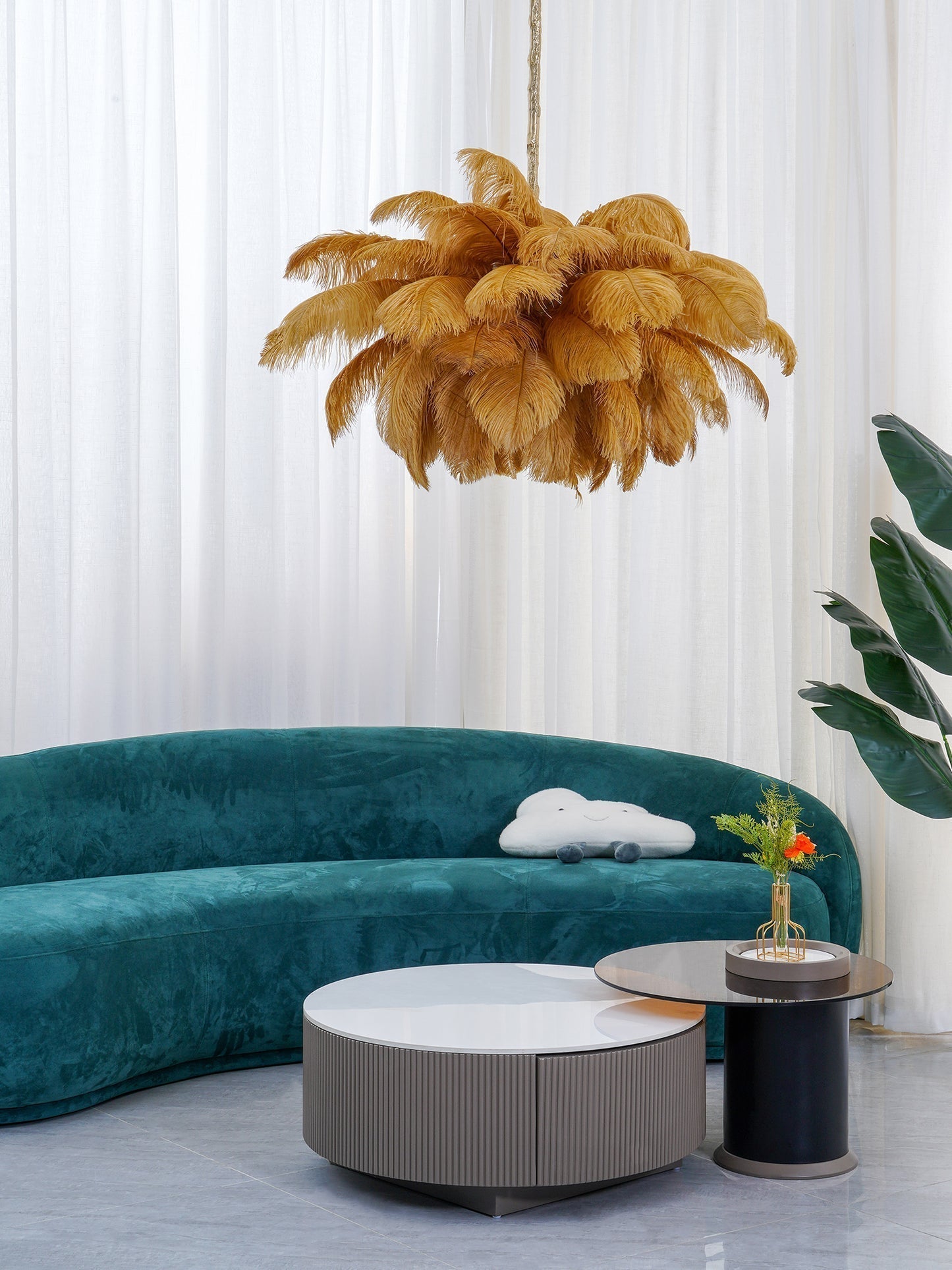 Auralira Chandelier Ostrich Feather Large Brass Stem