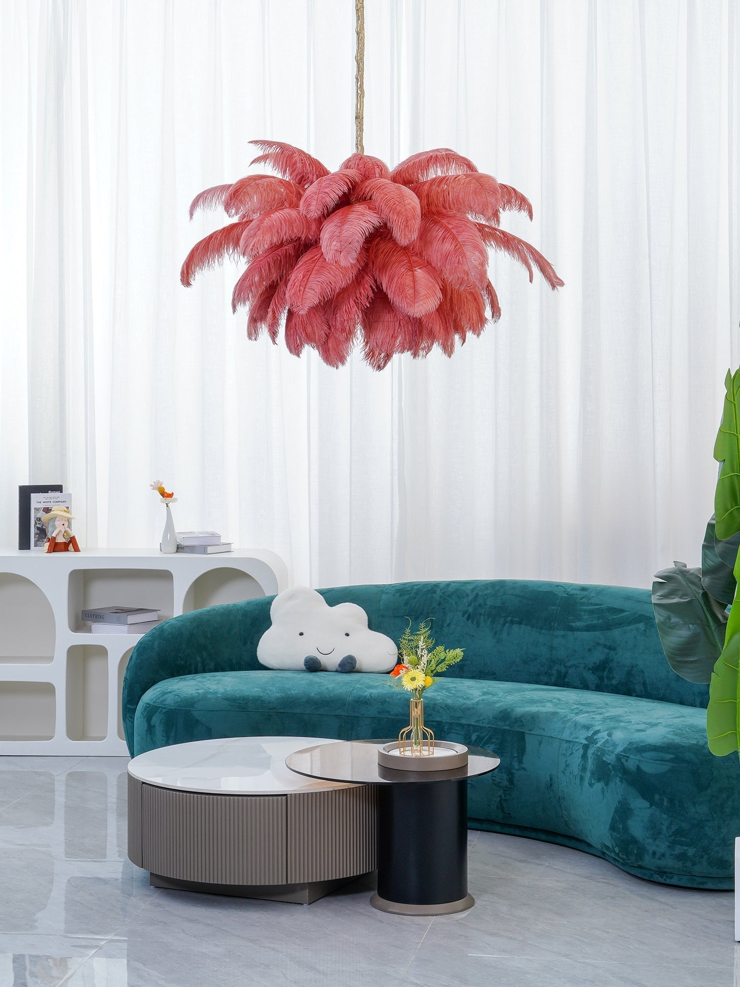 Auralira Chandelier Ostrich Feather Large Brass Stem