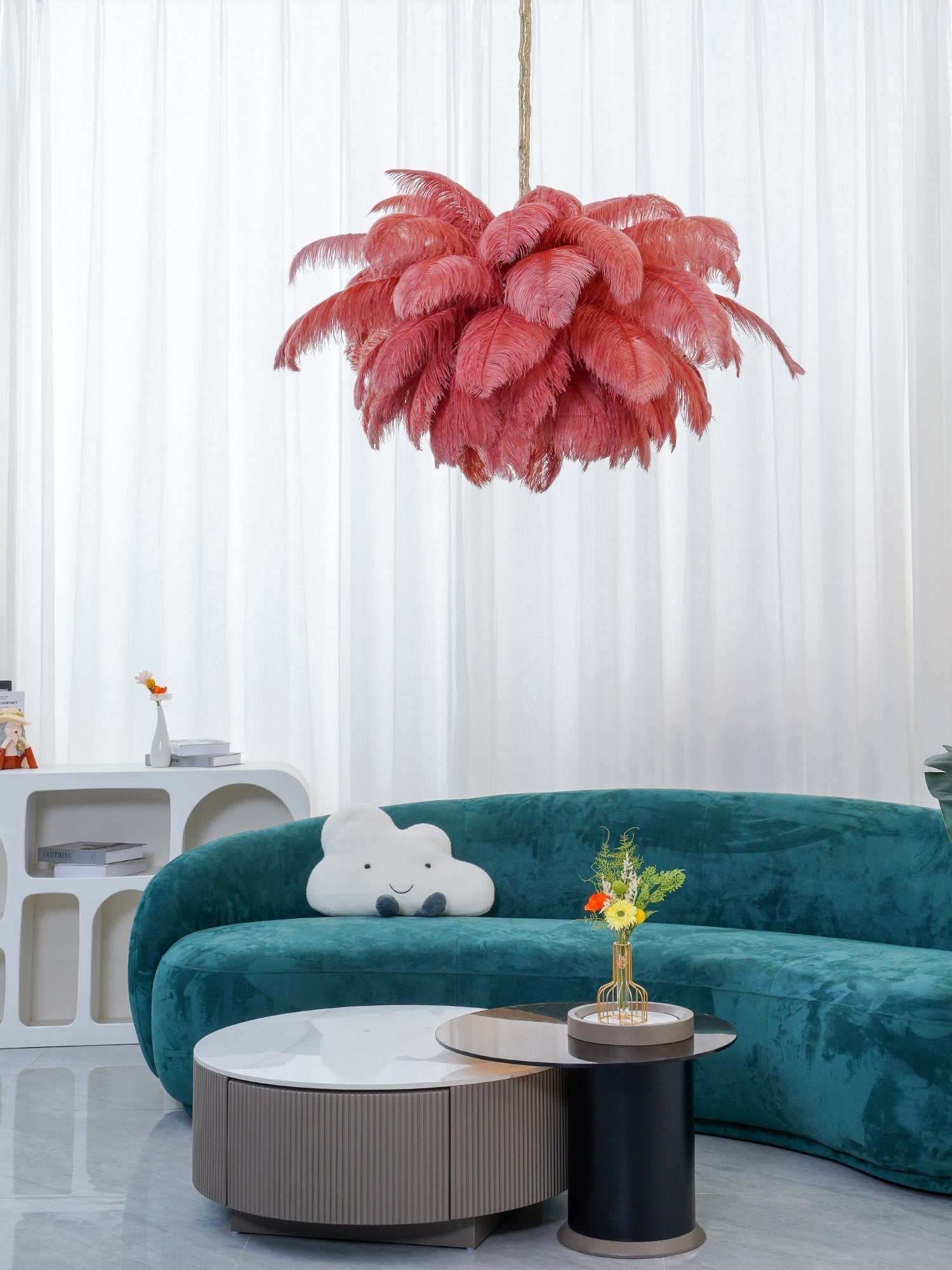 Auralira Chandelier Ostrich Feather Large Brass Stem