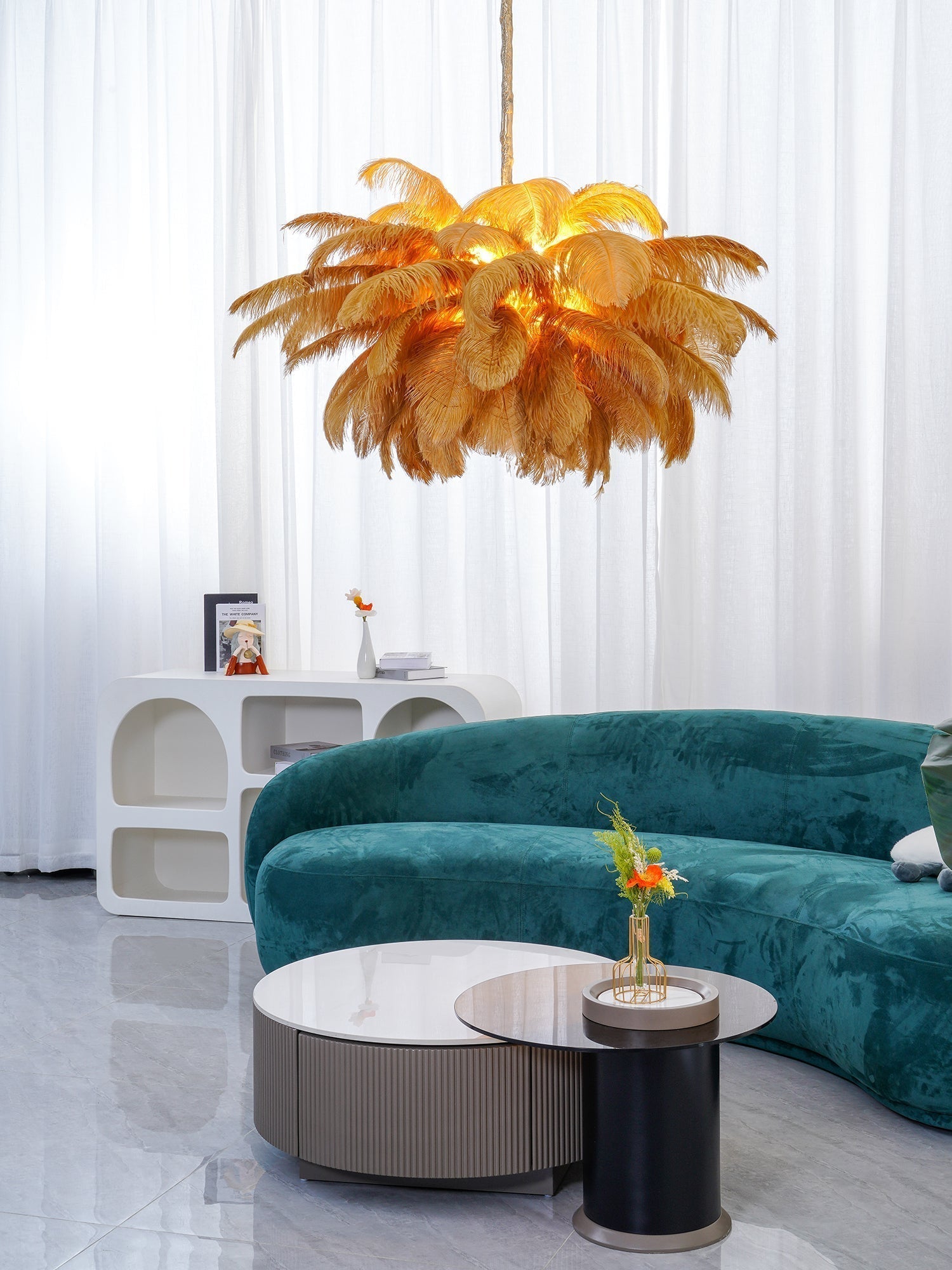 Auralira Chandelier Ostrich Feather Large Brass Stem