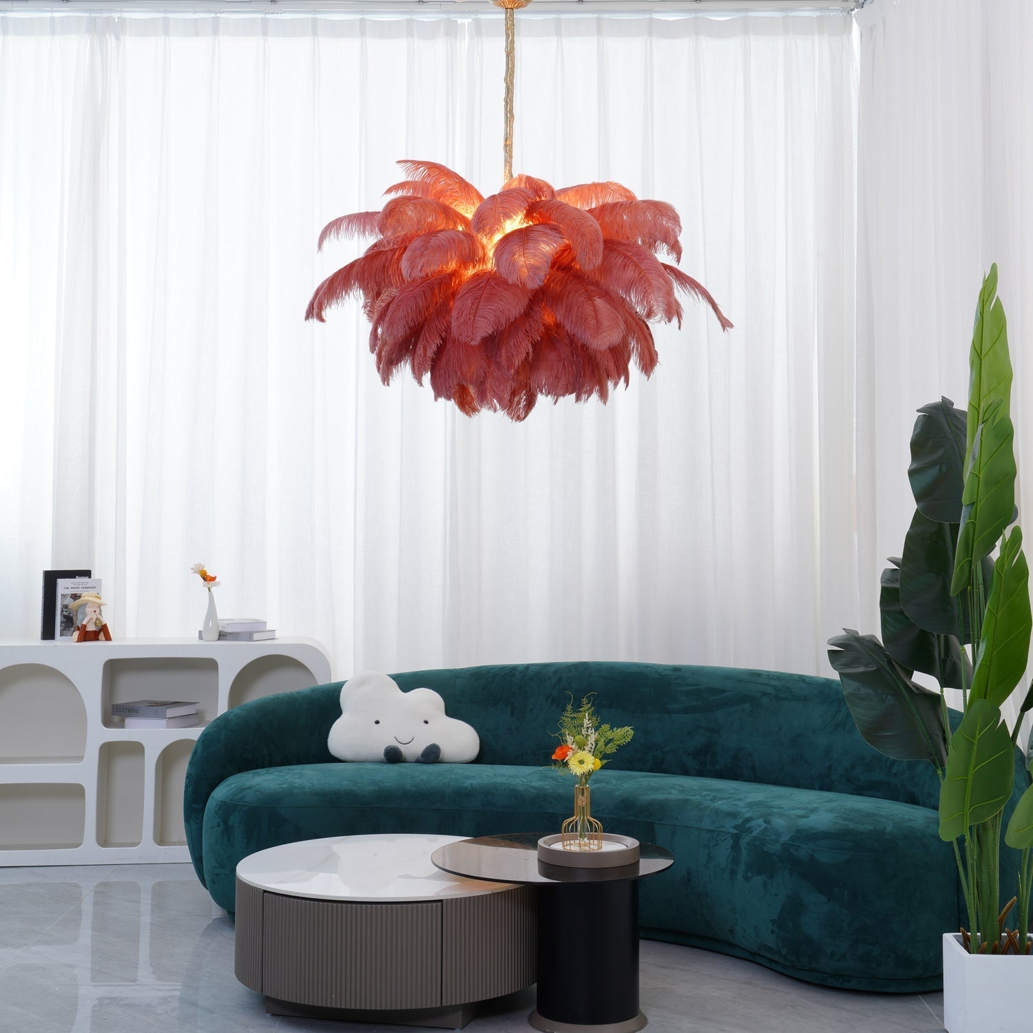 Auralira Chandelier Ostrich Feather Large Brass Stem
