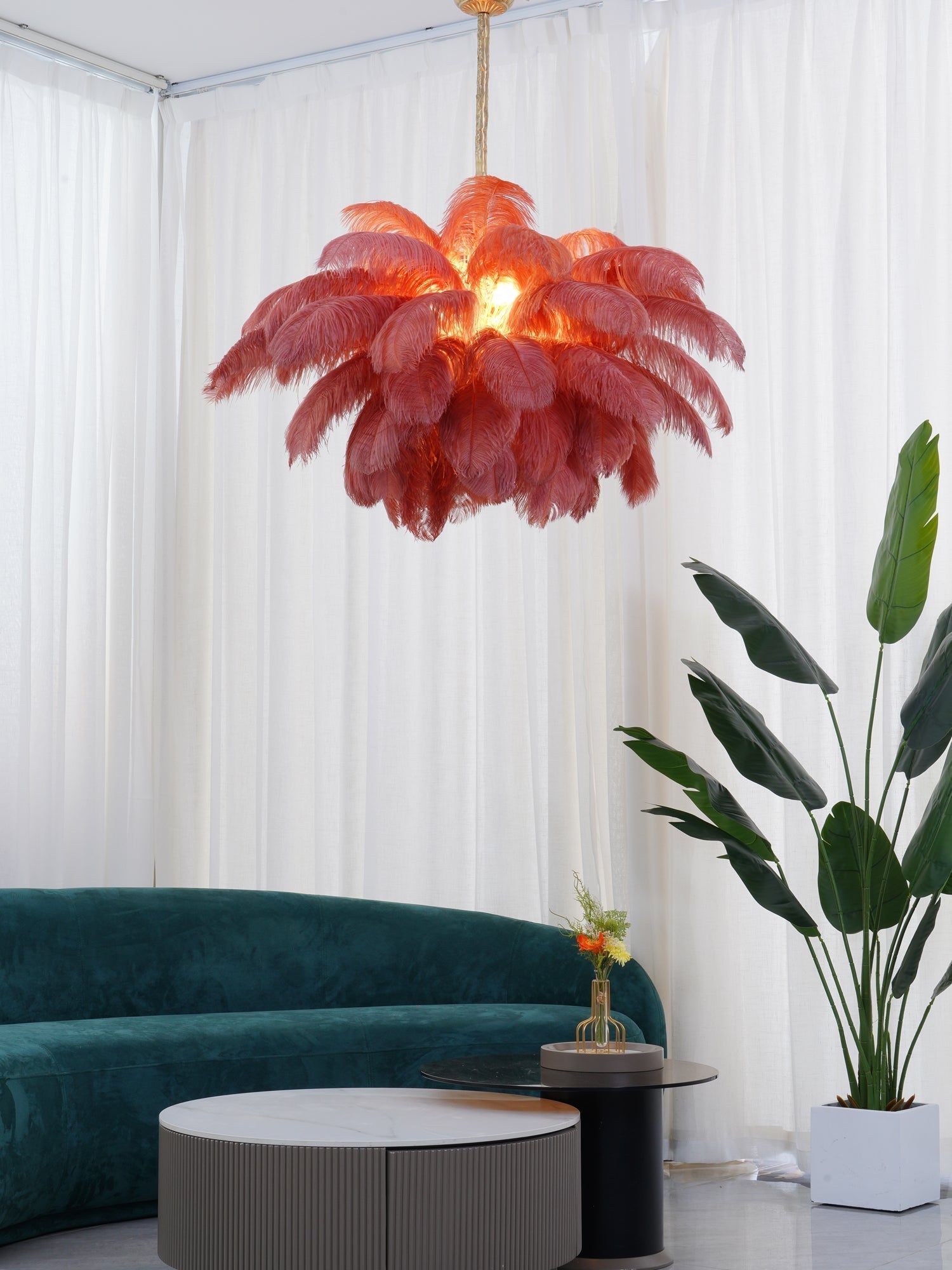 Auralira Chandelier Ostrich Feather Large Brass Stem