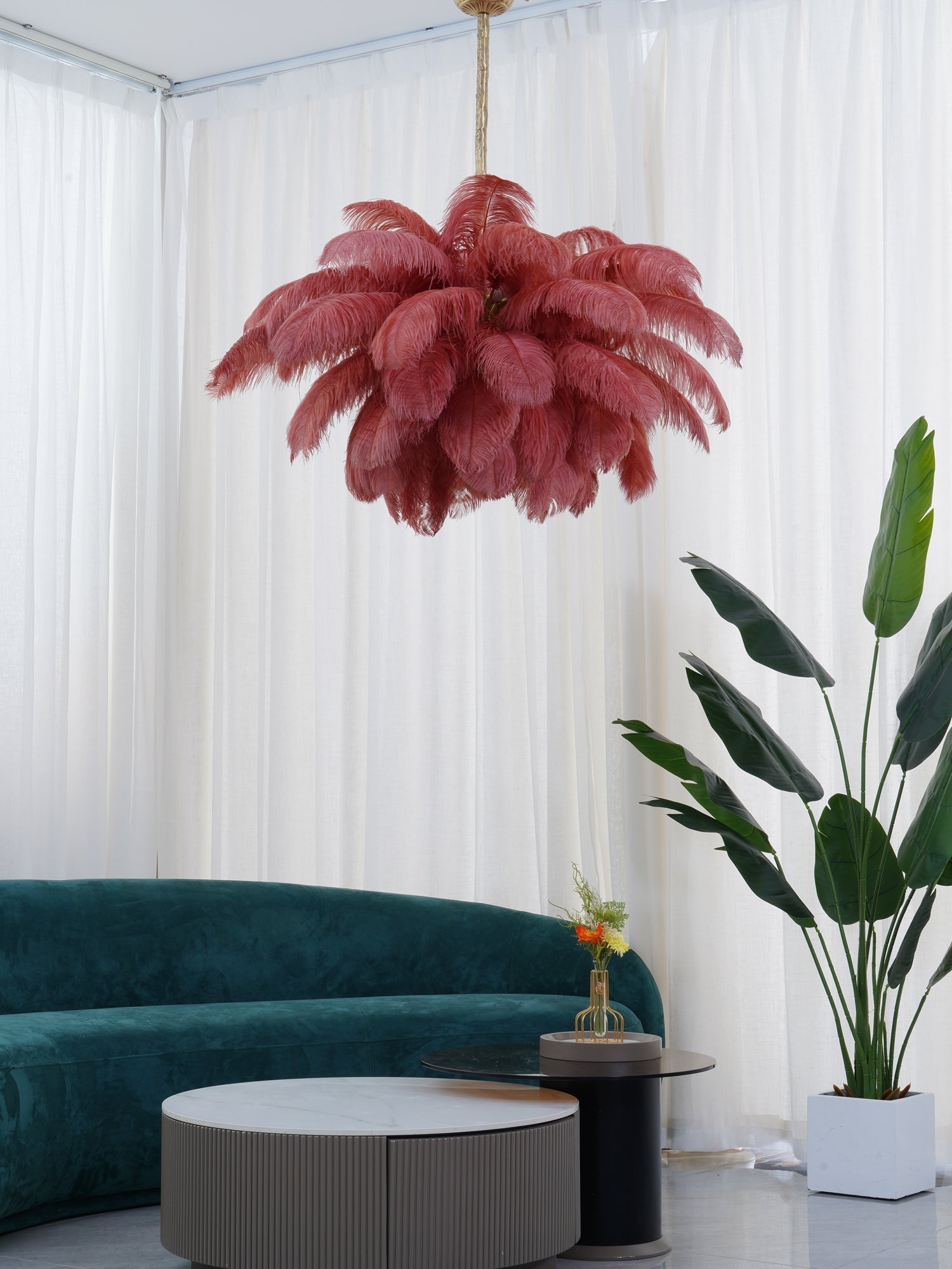 Auralira Chandelier Ostrich Feather Large Brass Stem