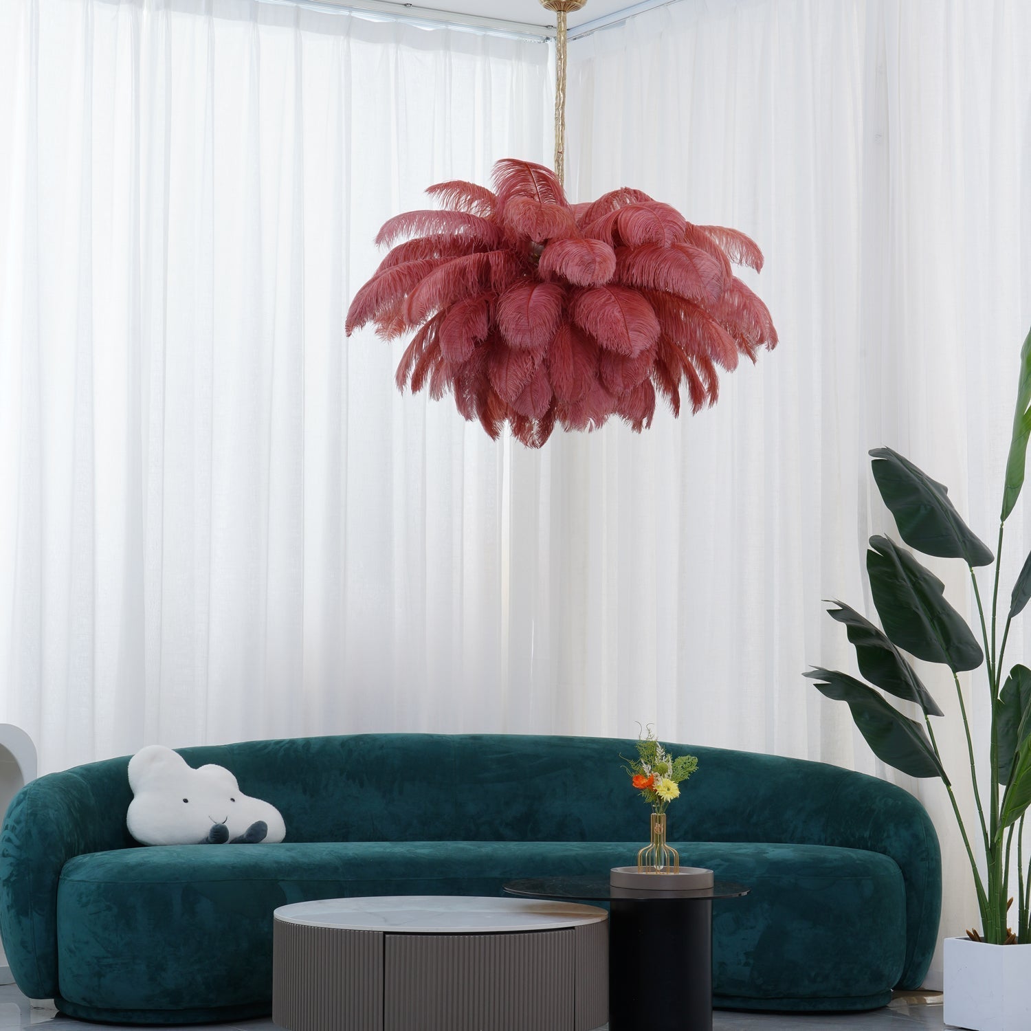 Auralira Chandelier Ostrich Feather Large Brass Stem